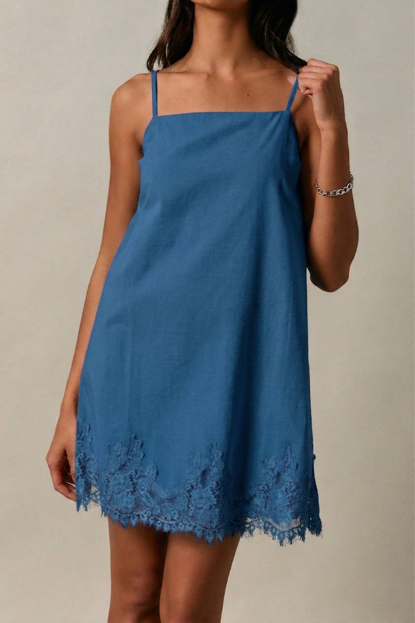 Gorgeous Blue spaghetti-strap lace slip dress