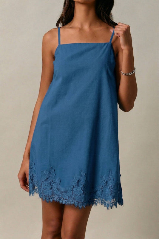 Gorgeous Blue spaghetti-strap lace slip dress