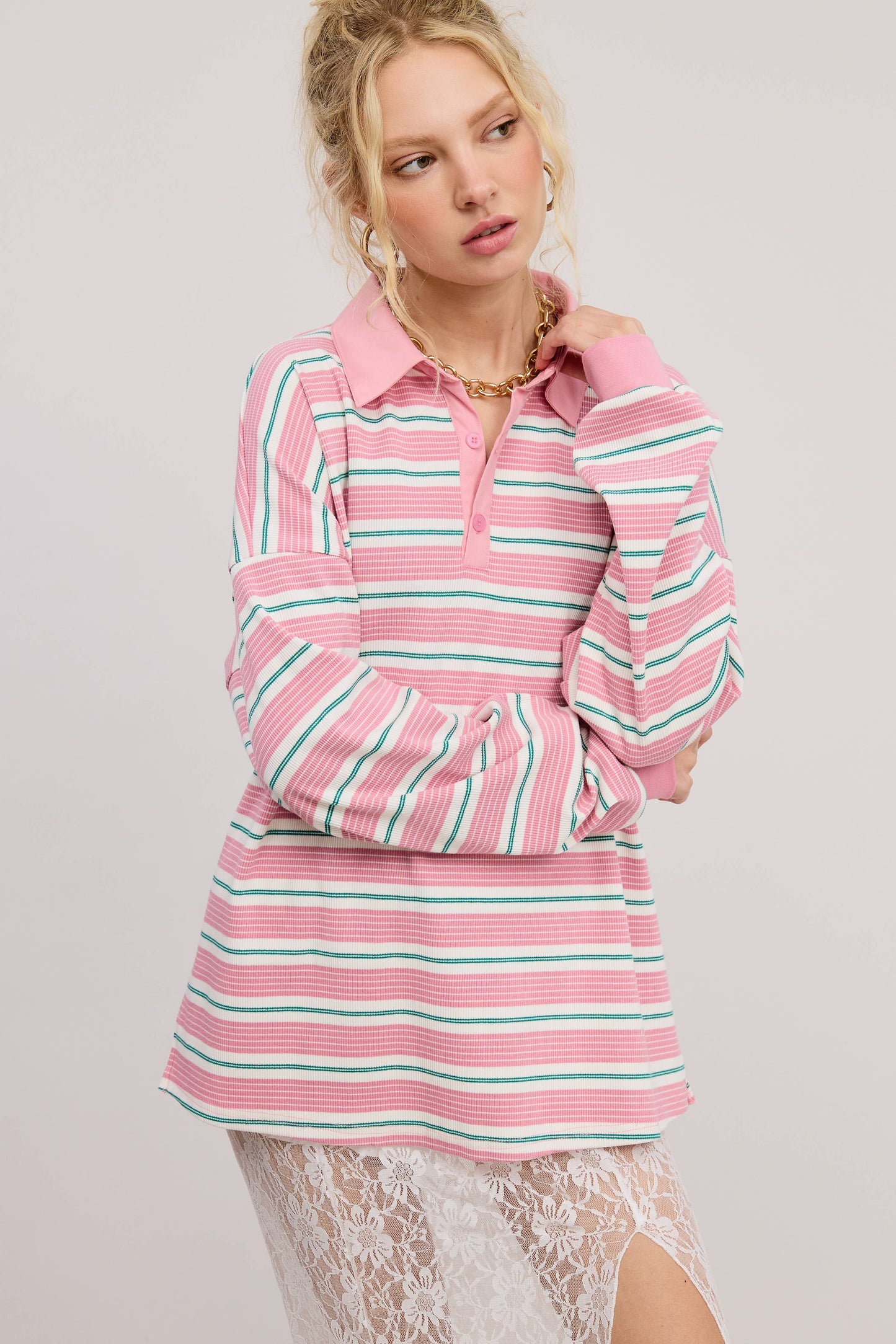 Multicolor Stripe Oversized Long Sleeve Polo Shirt
