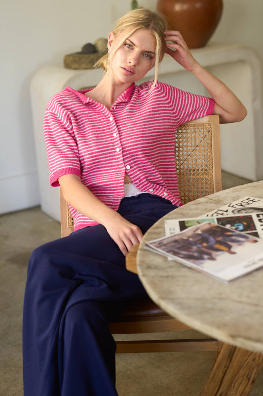 Muse Striped Short Sleeve Button Cardigan