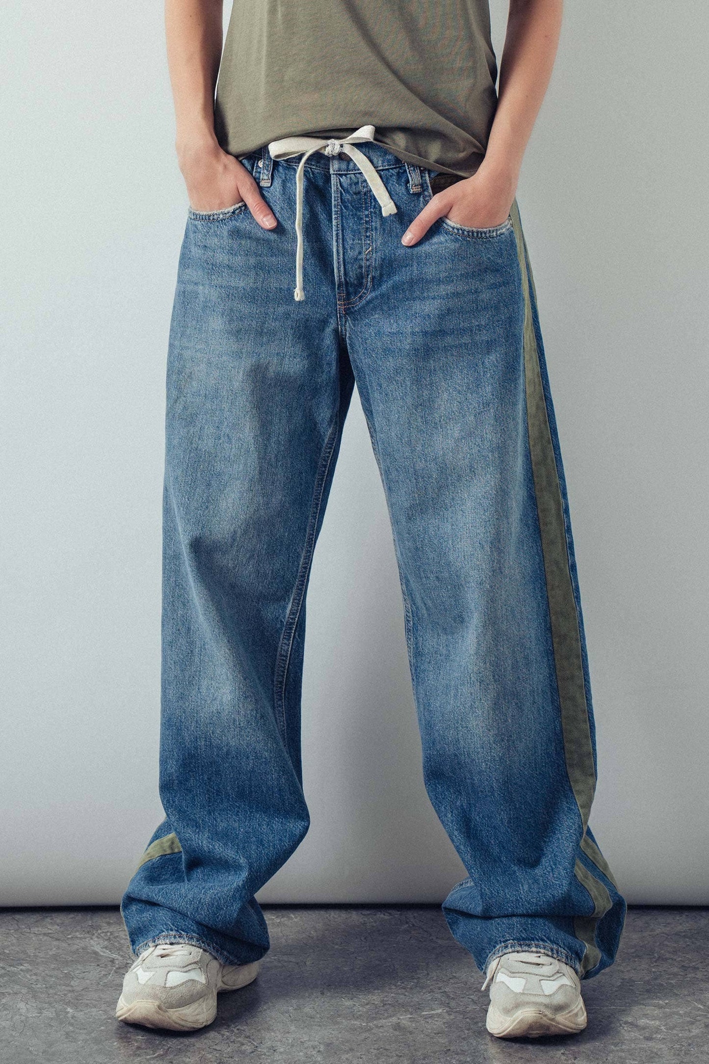 Slouchy Relaxed Wide-Leg Utility Stripe Denim Jeans