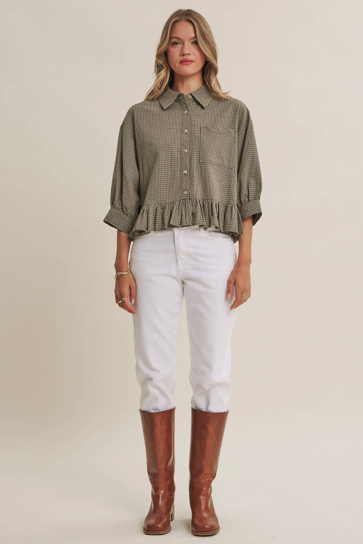 Morning Oat Micro Check Ruffle Hem Button-Down Shirt
