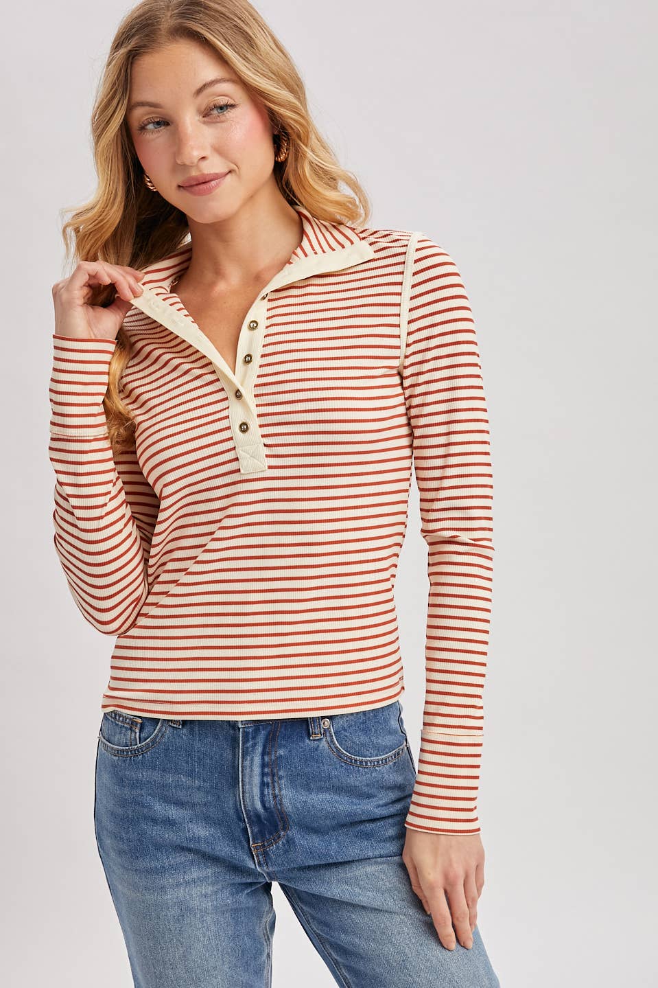 Striped Button-Down Henley Knit Top