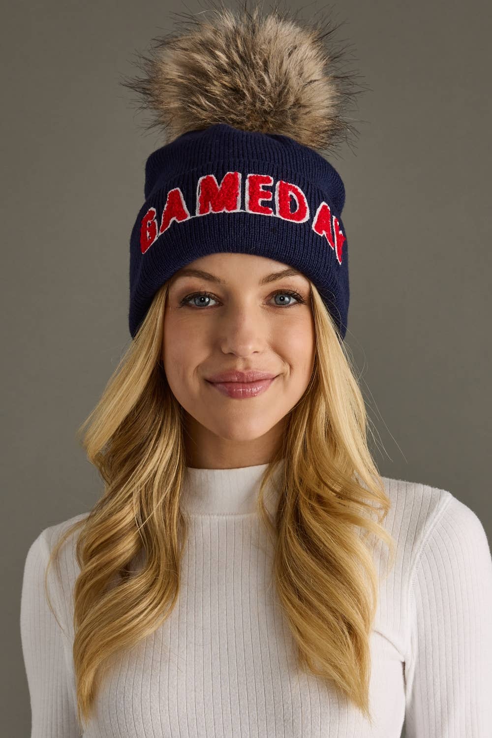 Gameday Spirit Pom Beanie | Navy & Red