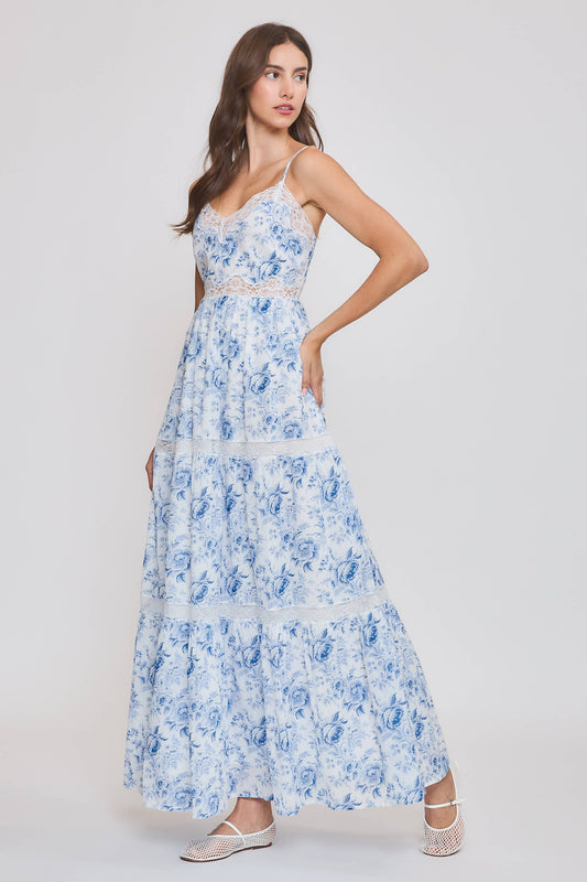 100% Cotton Floral Midi Dress with Lace Trim