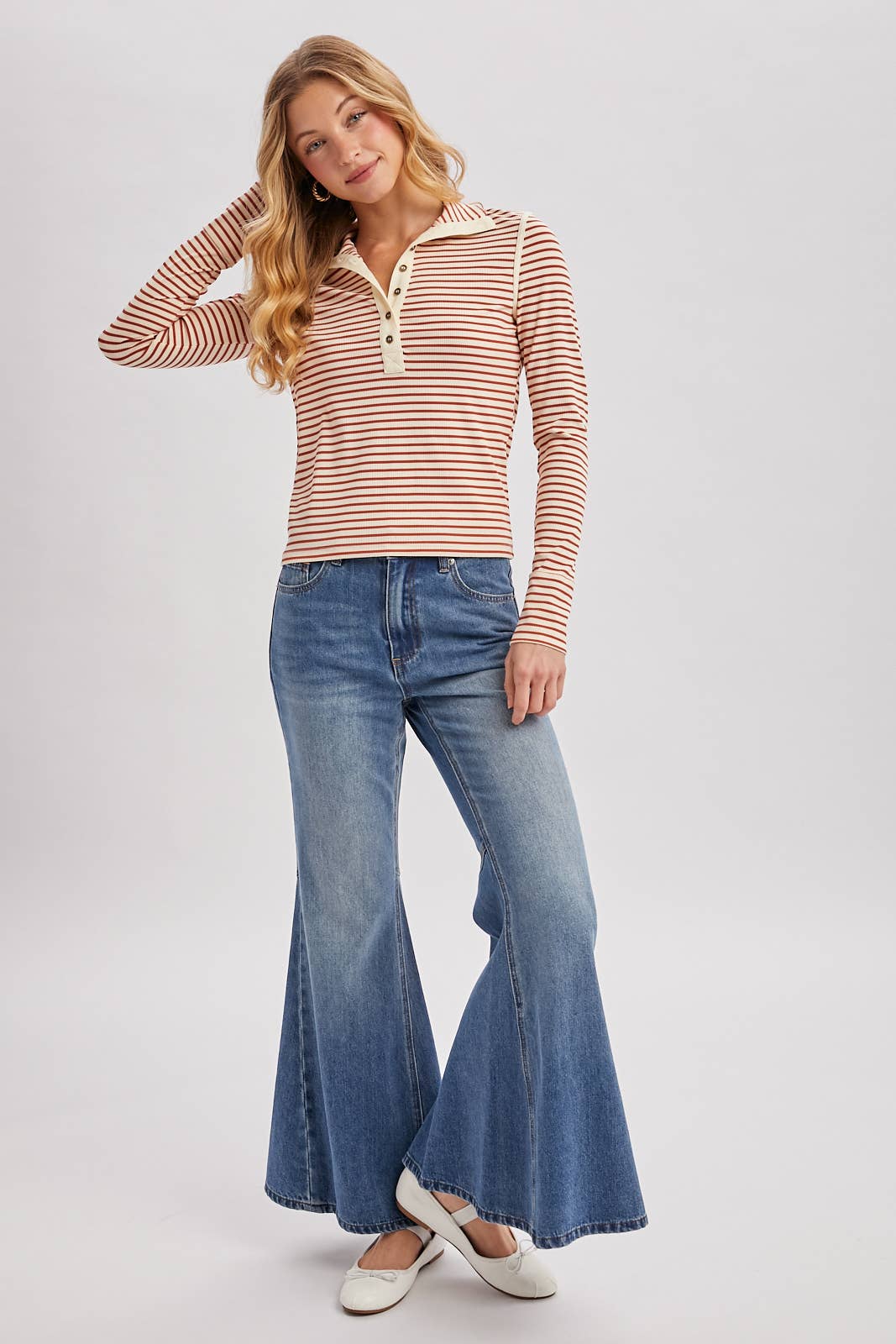 Striped Button-Down Henley Knit Top