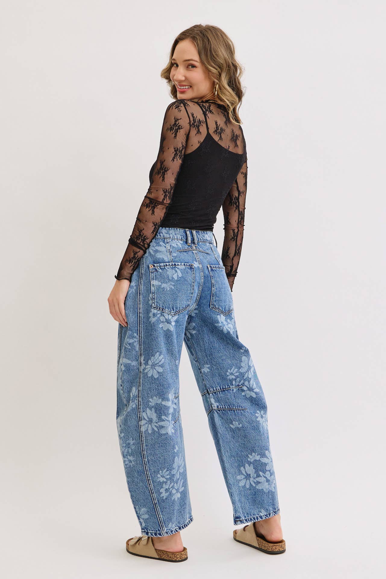 Floral Print Denim Barrell Jeans
