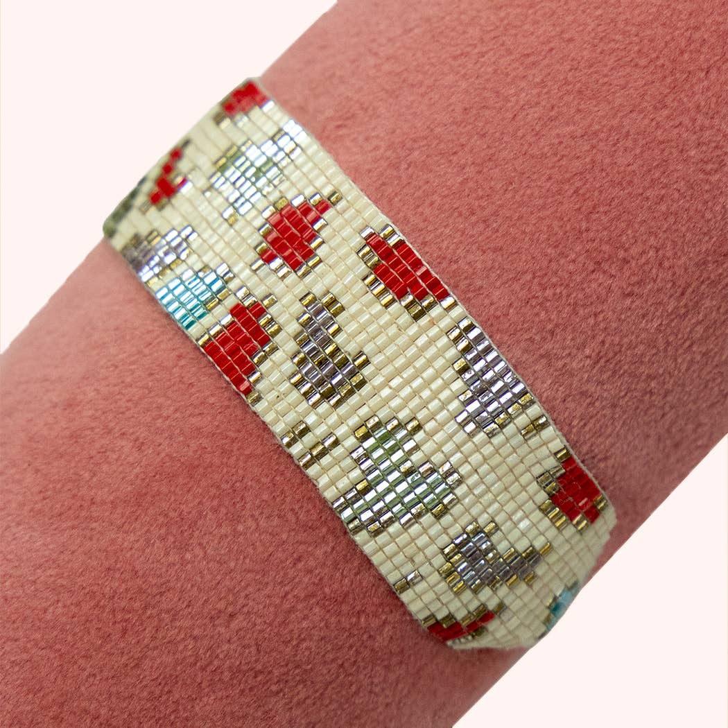 Beaded Bracelet Wide - Leopard, Cream