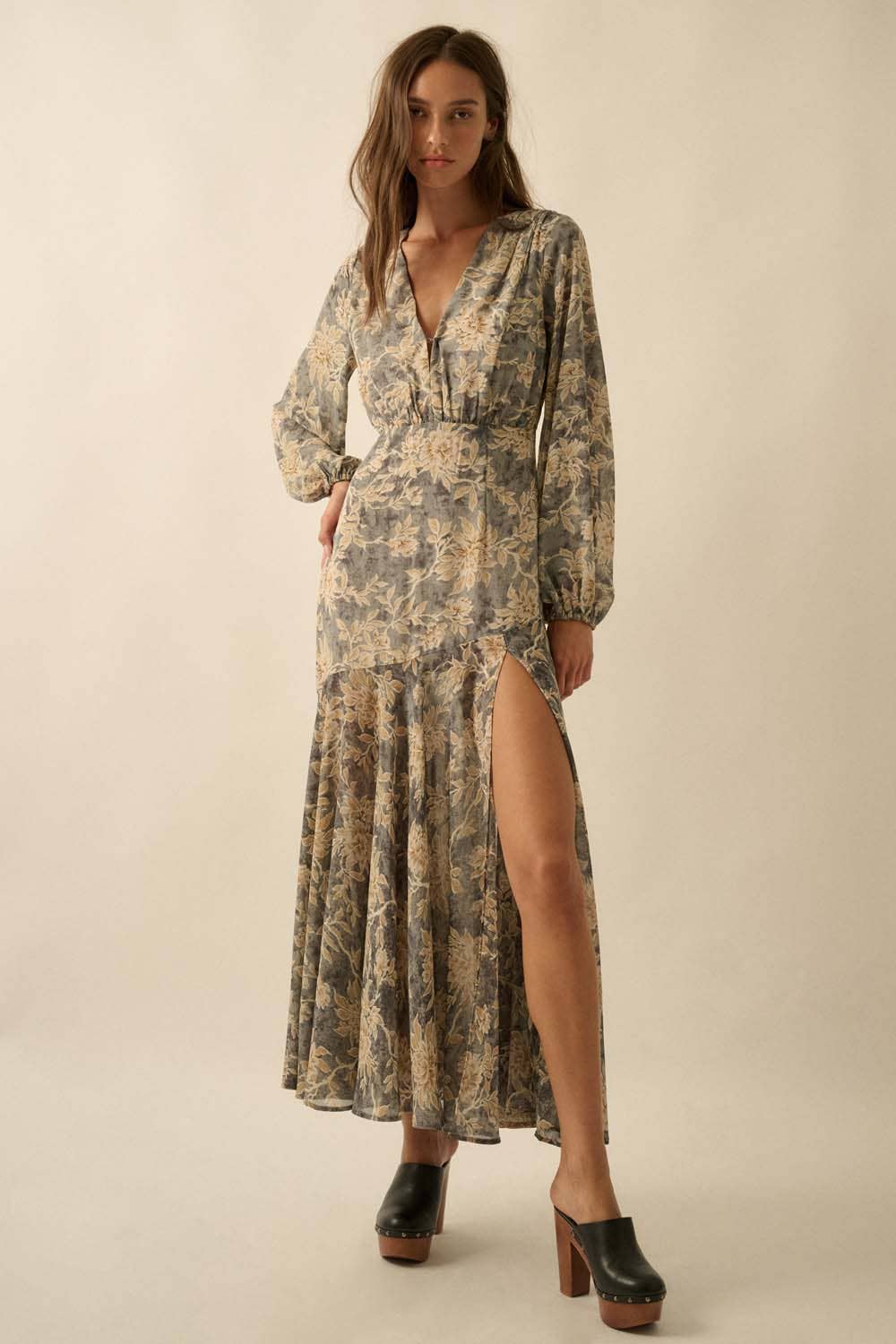 Floral-Print Drop-Waist Bubble-Sleeve Maxi Dress