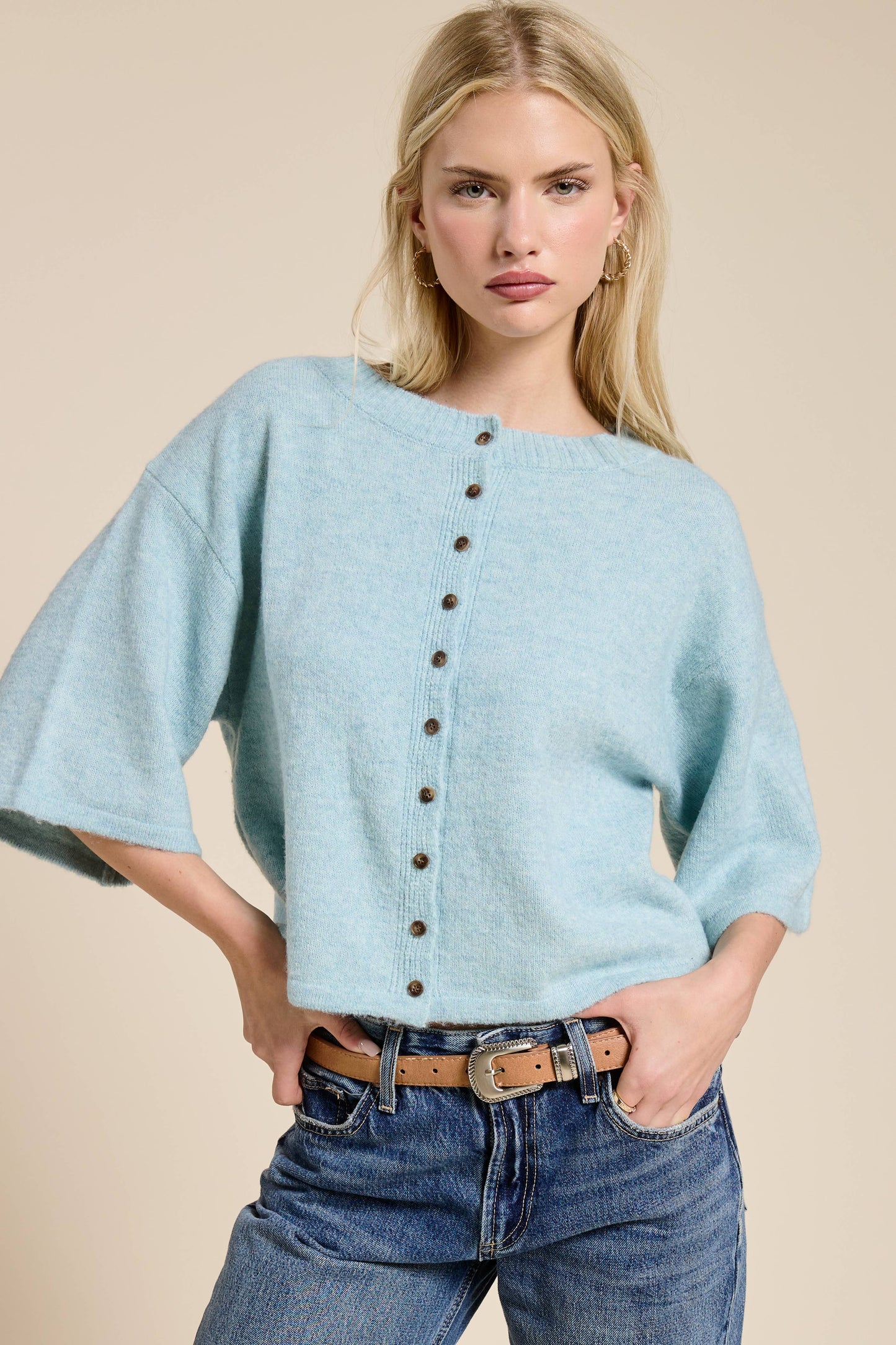 Button Front Short Sleeve Knit Cardigan