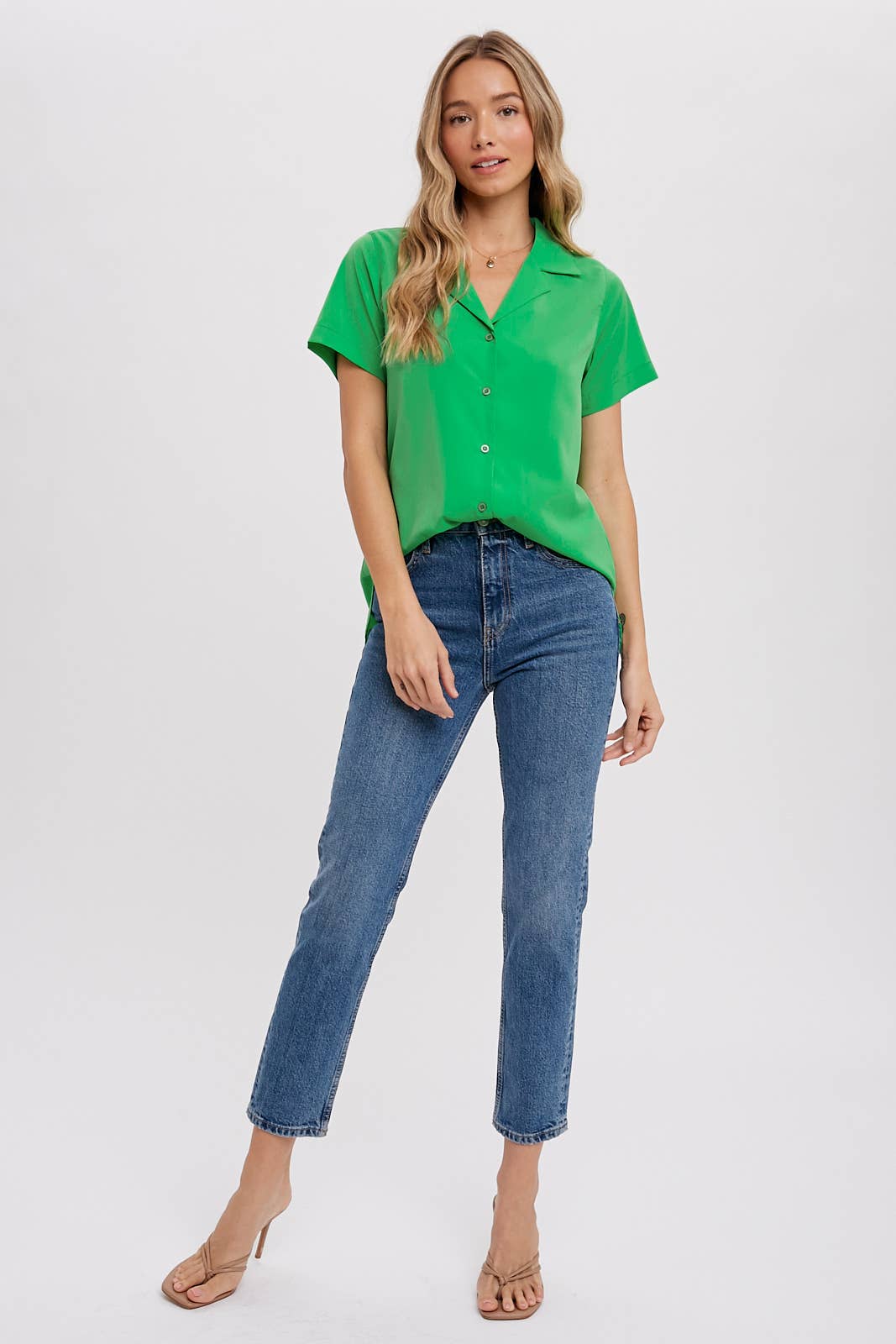 Notch Collar Short Sleeve Button Down Top