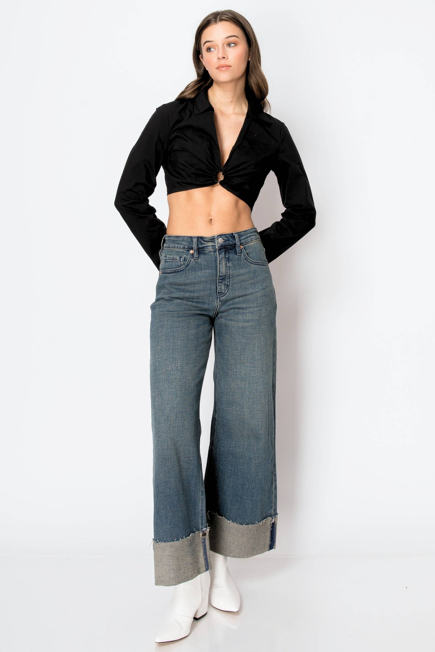 TUMMY CONTROL HIGH RISE CUFFED WIDE LEG JEANS