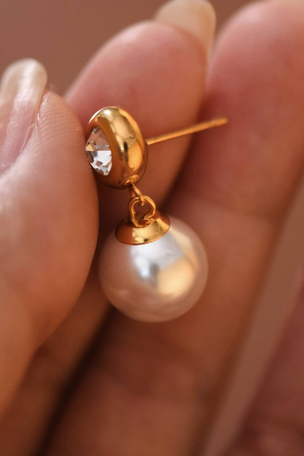 18K Gold Plated Waterproof Pearl and Diamond Drop Earrings