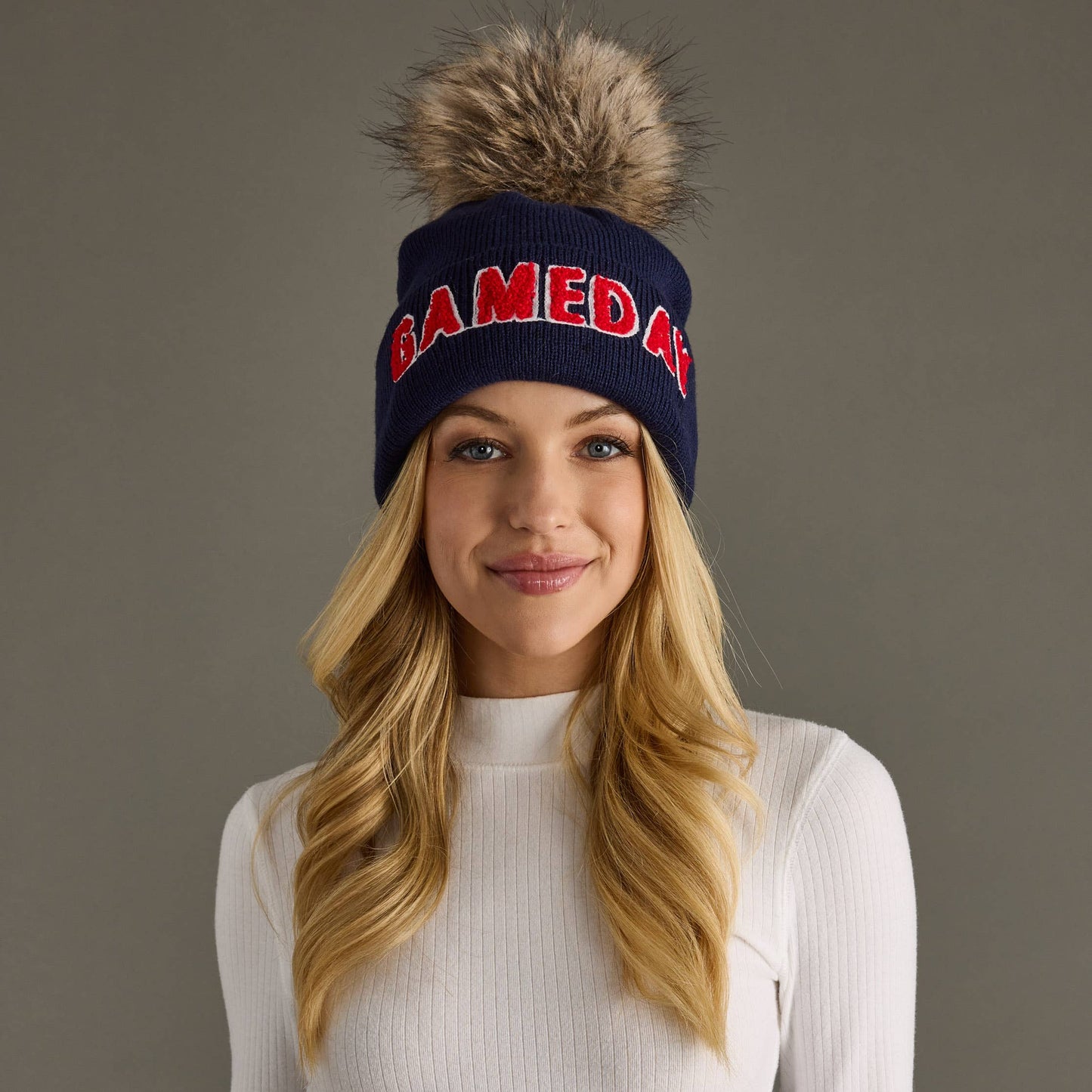 Gameday Spirit Pom Beanie | Navy & Red