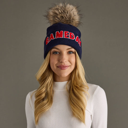Gameday Spirit Pom Beanie | Navy & Red