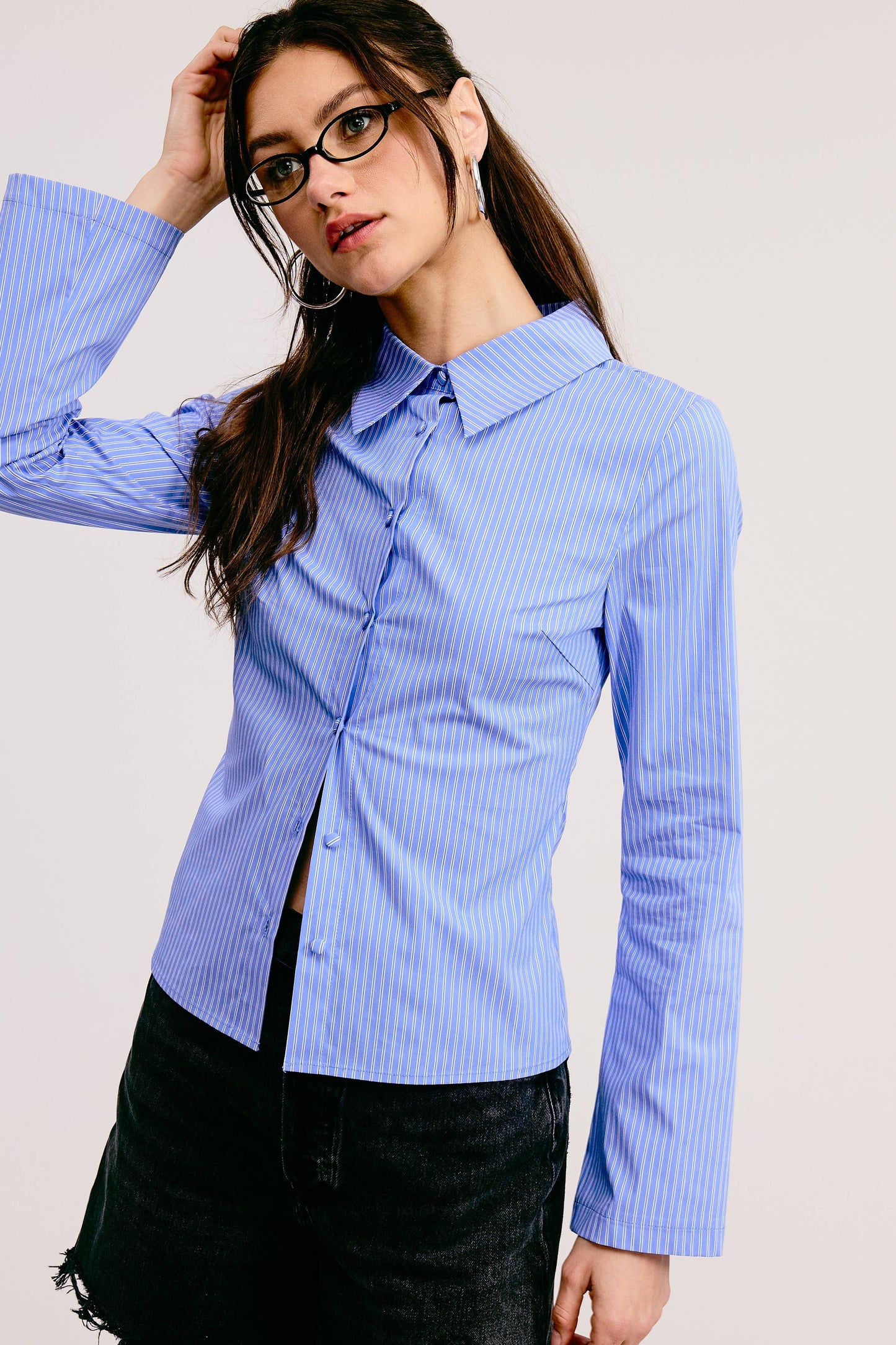 Pinstripe Fitted Button Down Shirt with Flared Sleeves