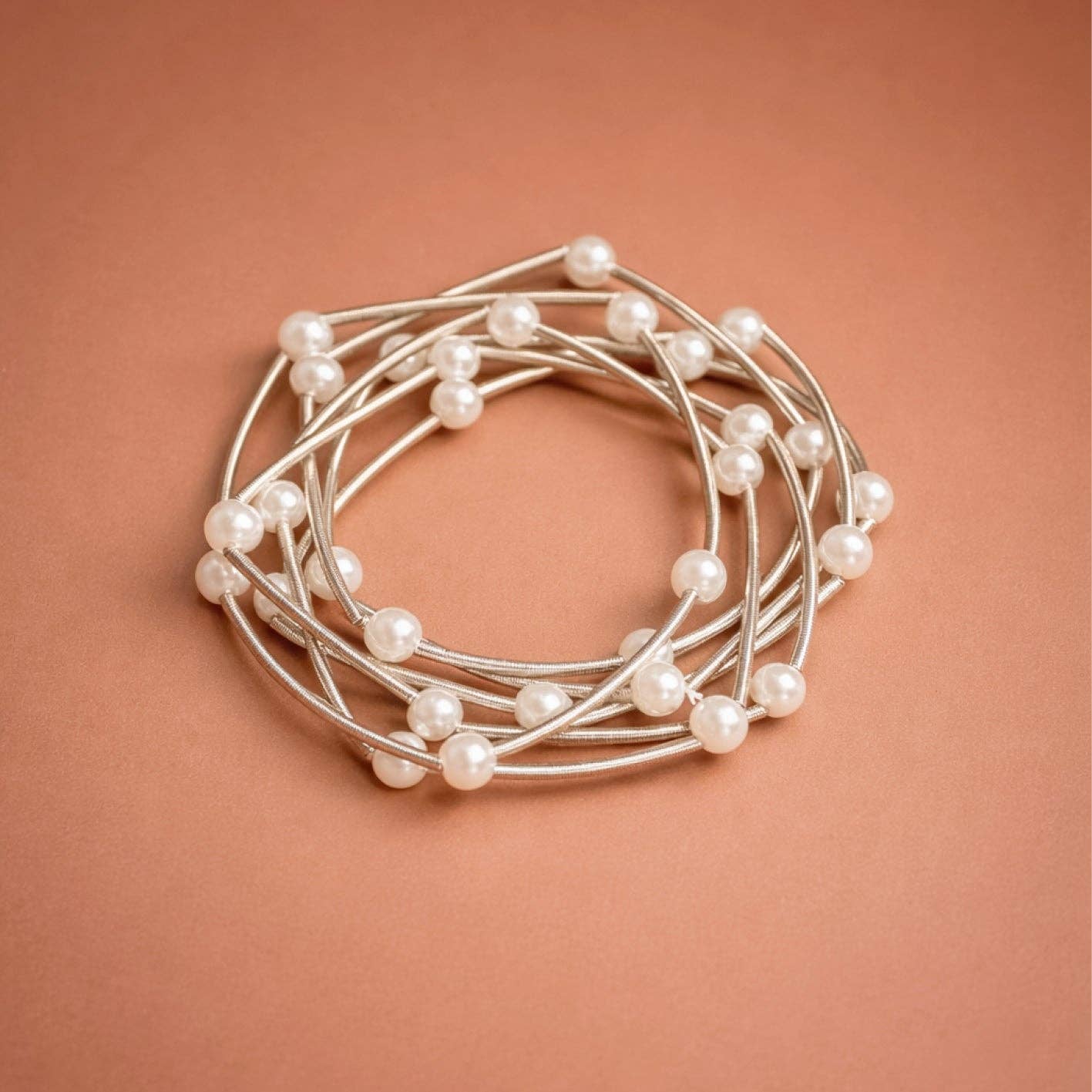 Boho Layered Spring Coil Guitar String Bracelet with Pearls Set