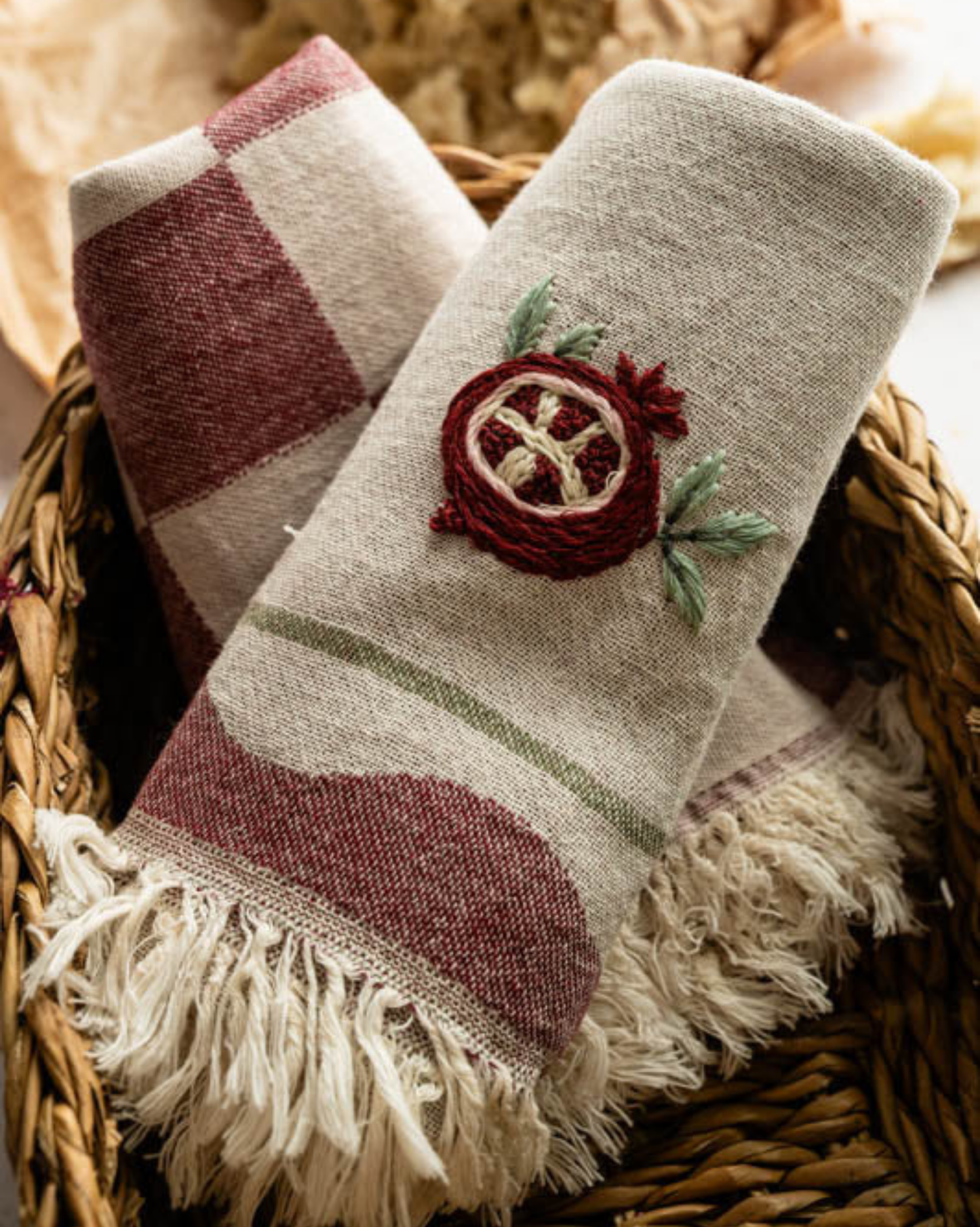 Pomegranate Hand-Stitched Tea Towel Set