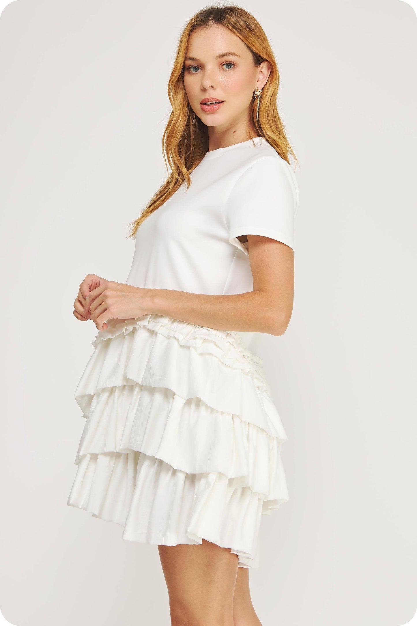 Ruffle Frill Asymmetric Tiered Mixed Media Tee Mini Dress