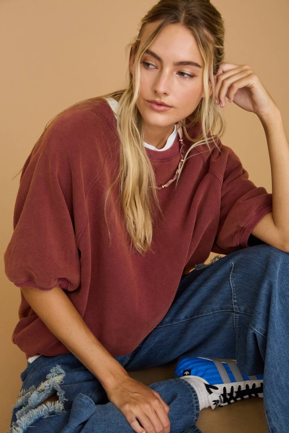 Washed Short Puff Sleeve Pullover Sweatshirt