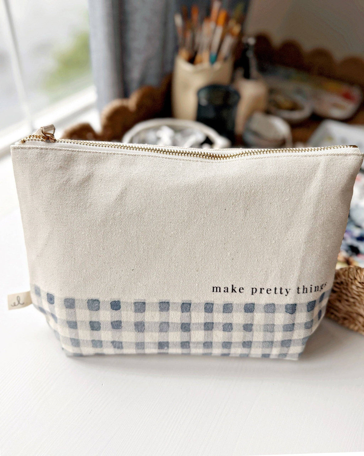 Canvas Gingham Zipper Pouch "make pretty things"