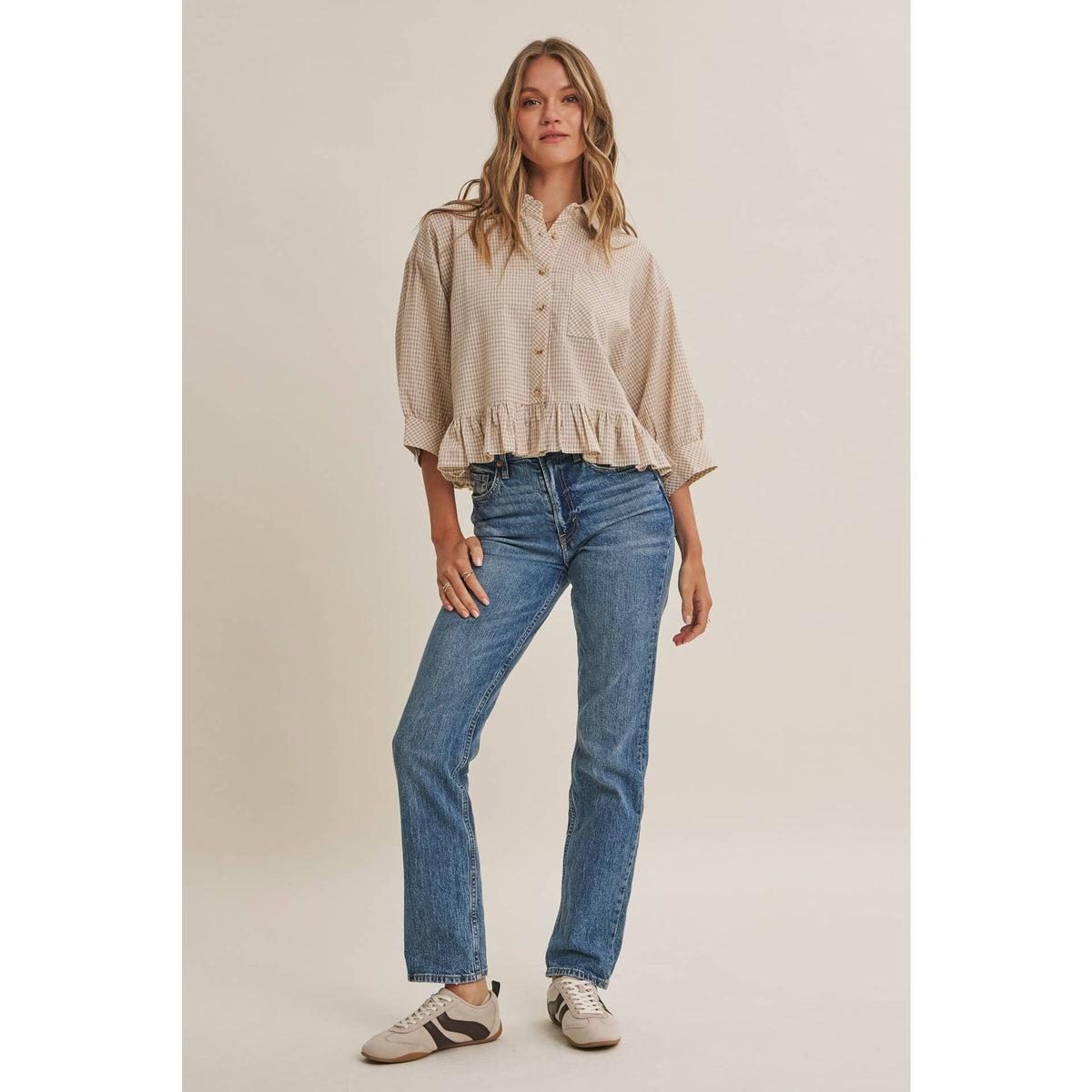 Morning Oat Micro Check Ruffle Hem Button-Down Shirt