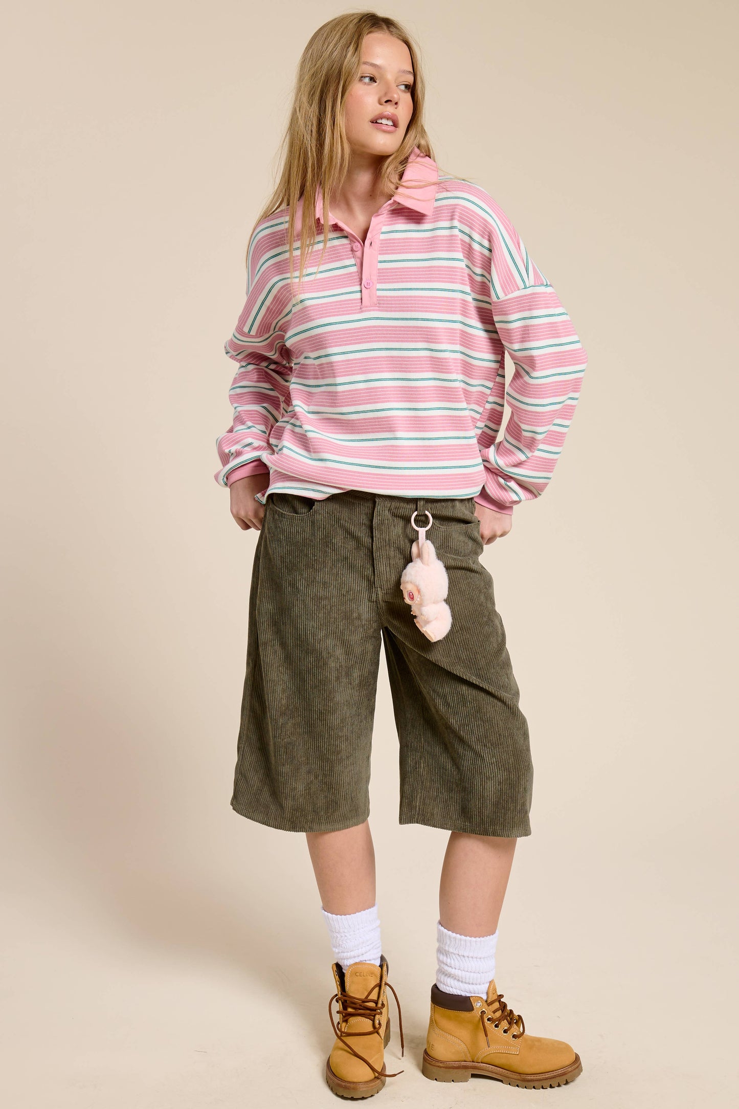 Multicolor Stripe Oversized Long Sleeve Polo Shirt