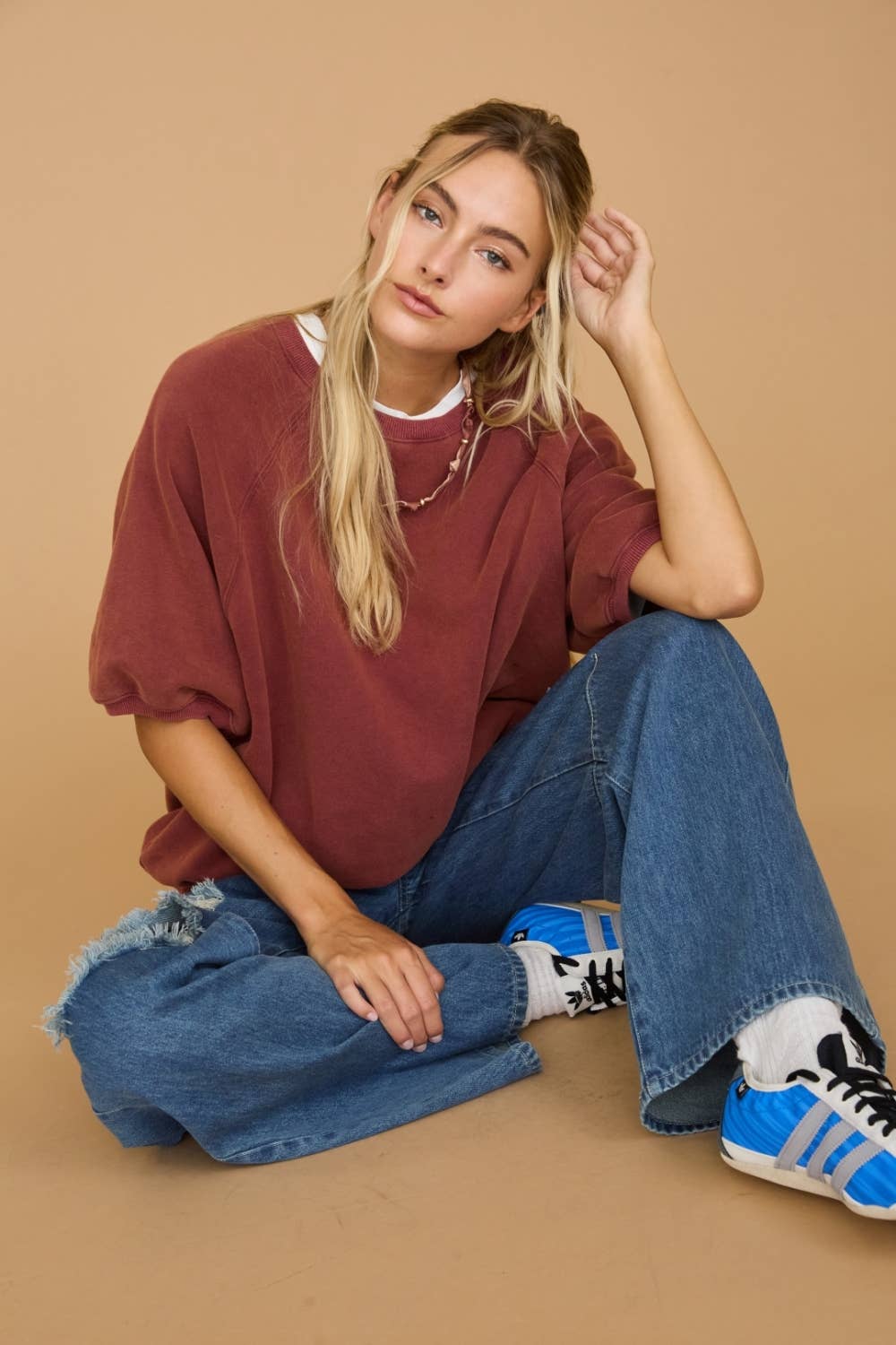 Washed Short Puff Sleeve Pullover Sweatshirt