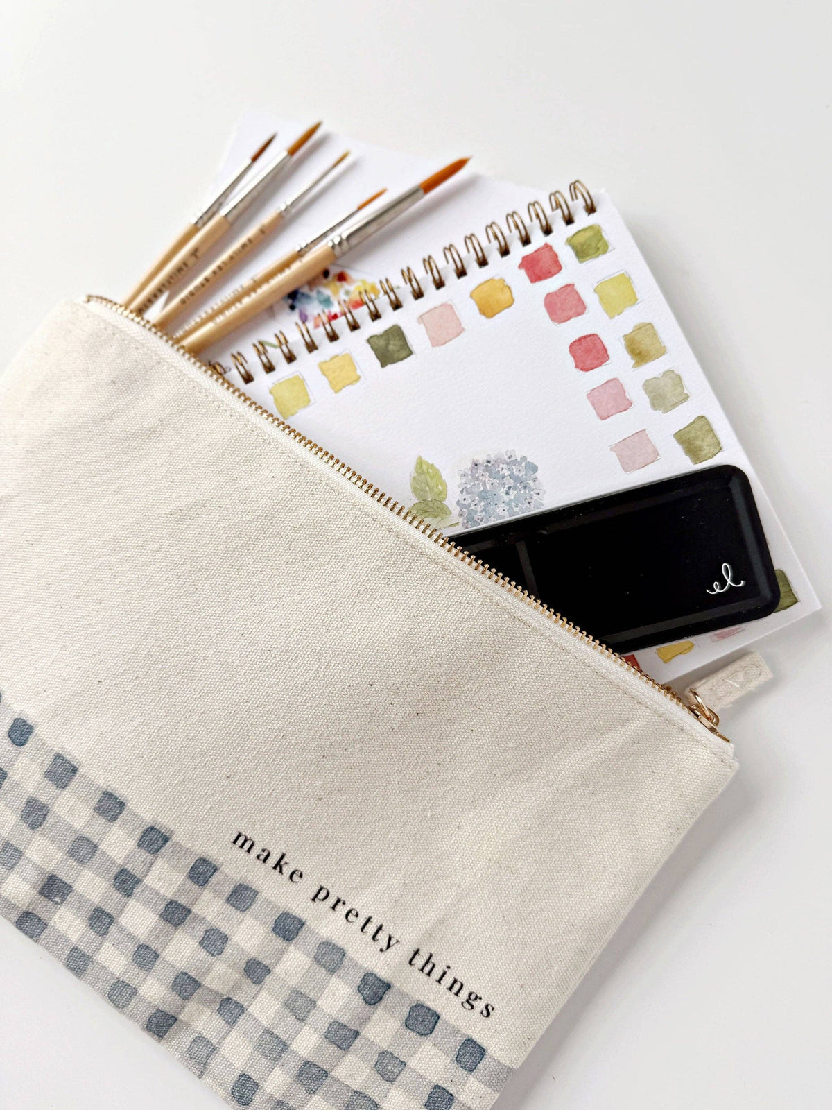Canvas Gingham Zipper Pouch "make pretty things"