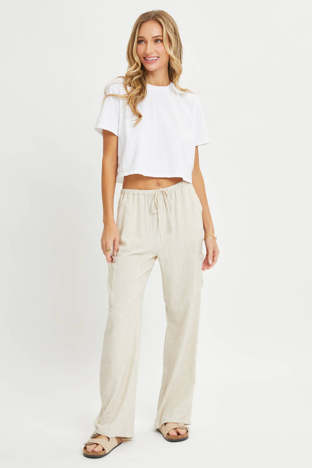 Linen Blend Pull On Drawstring Pants in Oatmeal