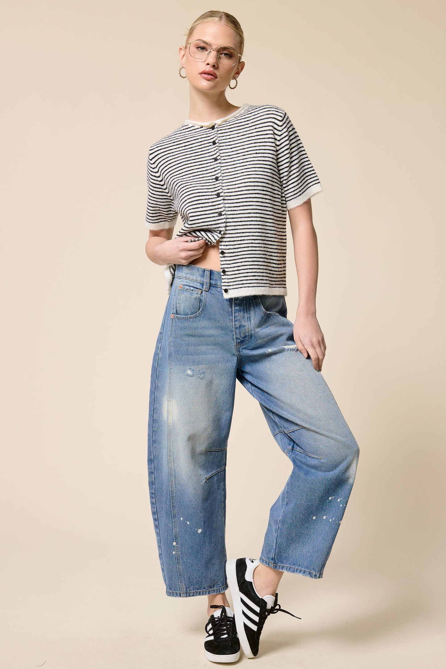Muse Striped Short Sleeve Button Cardigan