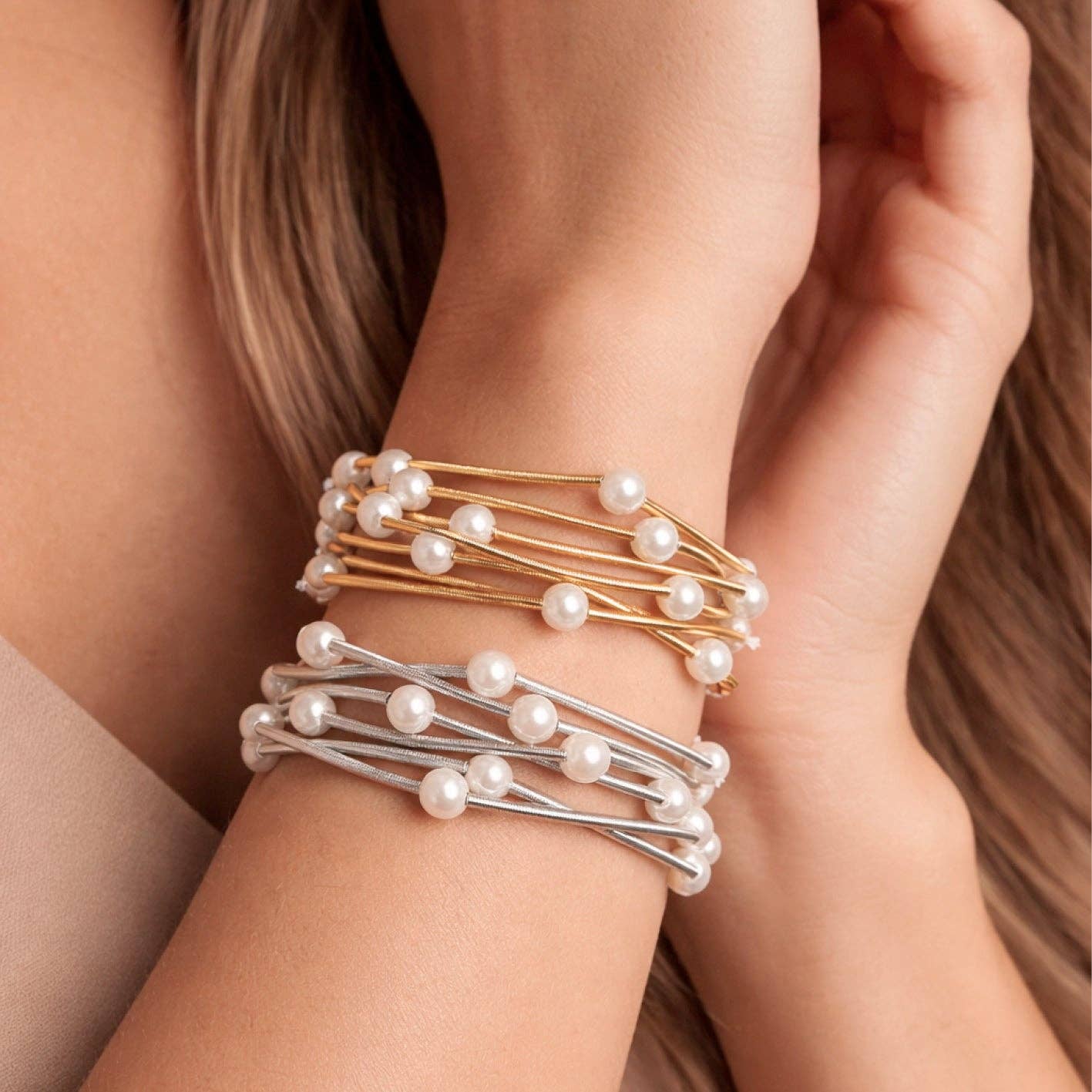 Boho Layered Spring Coil Guitar String Bracelet with Pearls Set