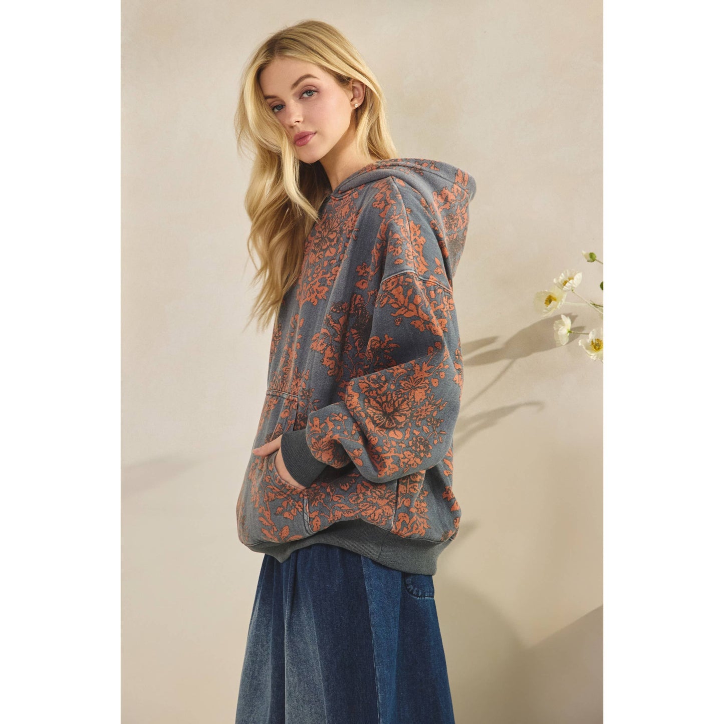 Vintage Wash Floral Fleece Hoodi