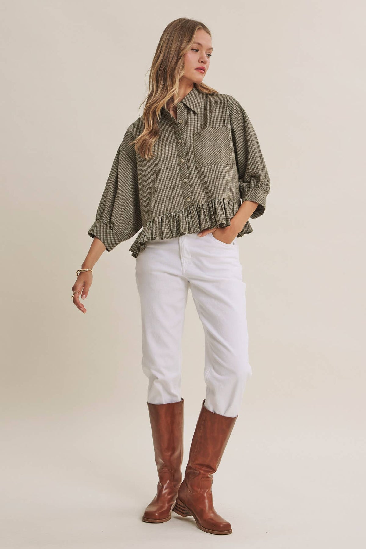 Morning Oat Micro Check Ruffle Hem Button-Down Shirt