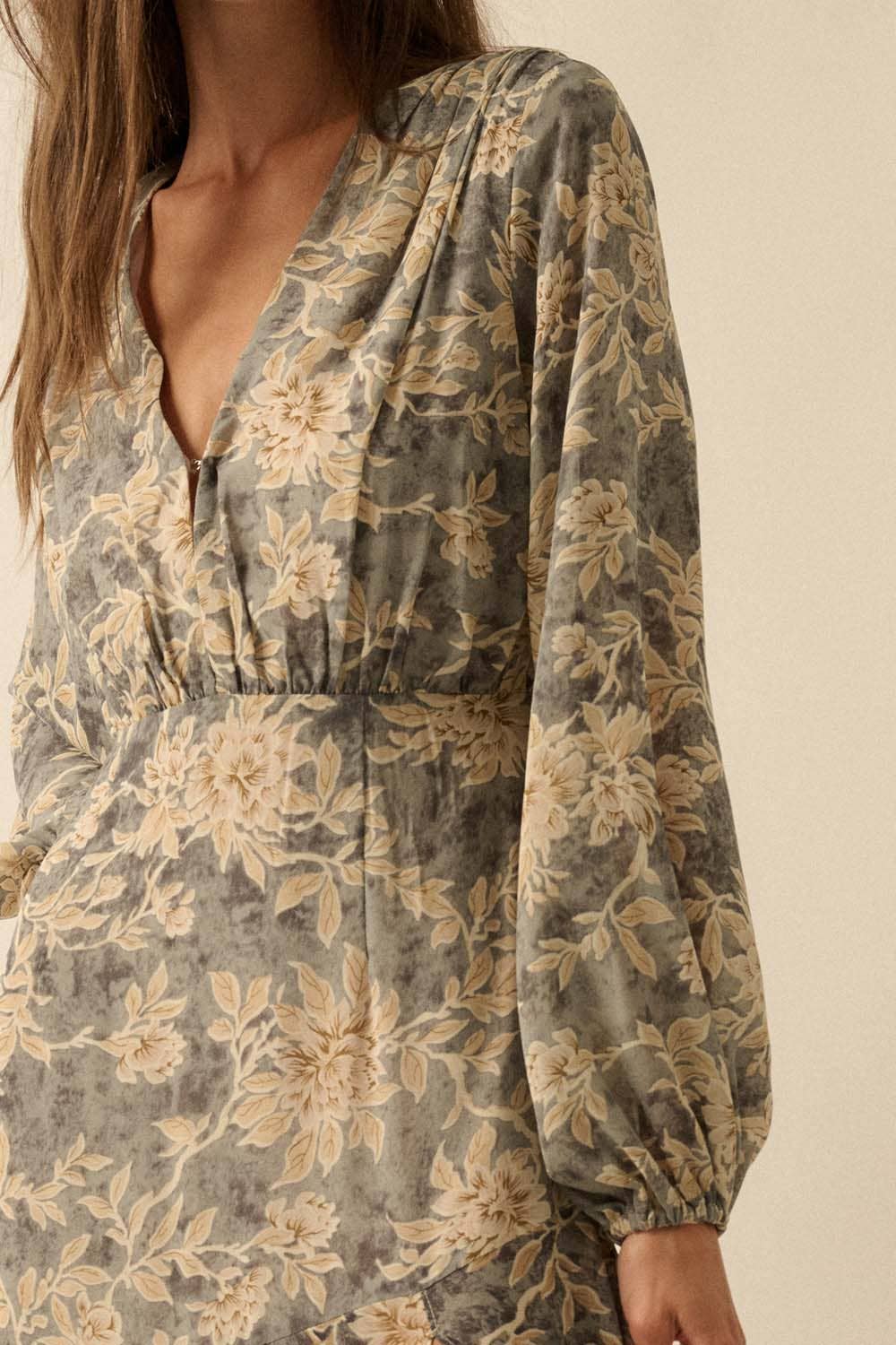 Floral-Print Drop-Waist Bubble-Sleeve Maxi Dress