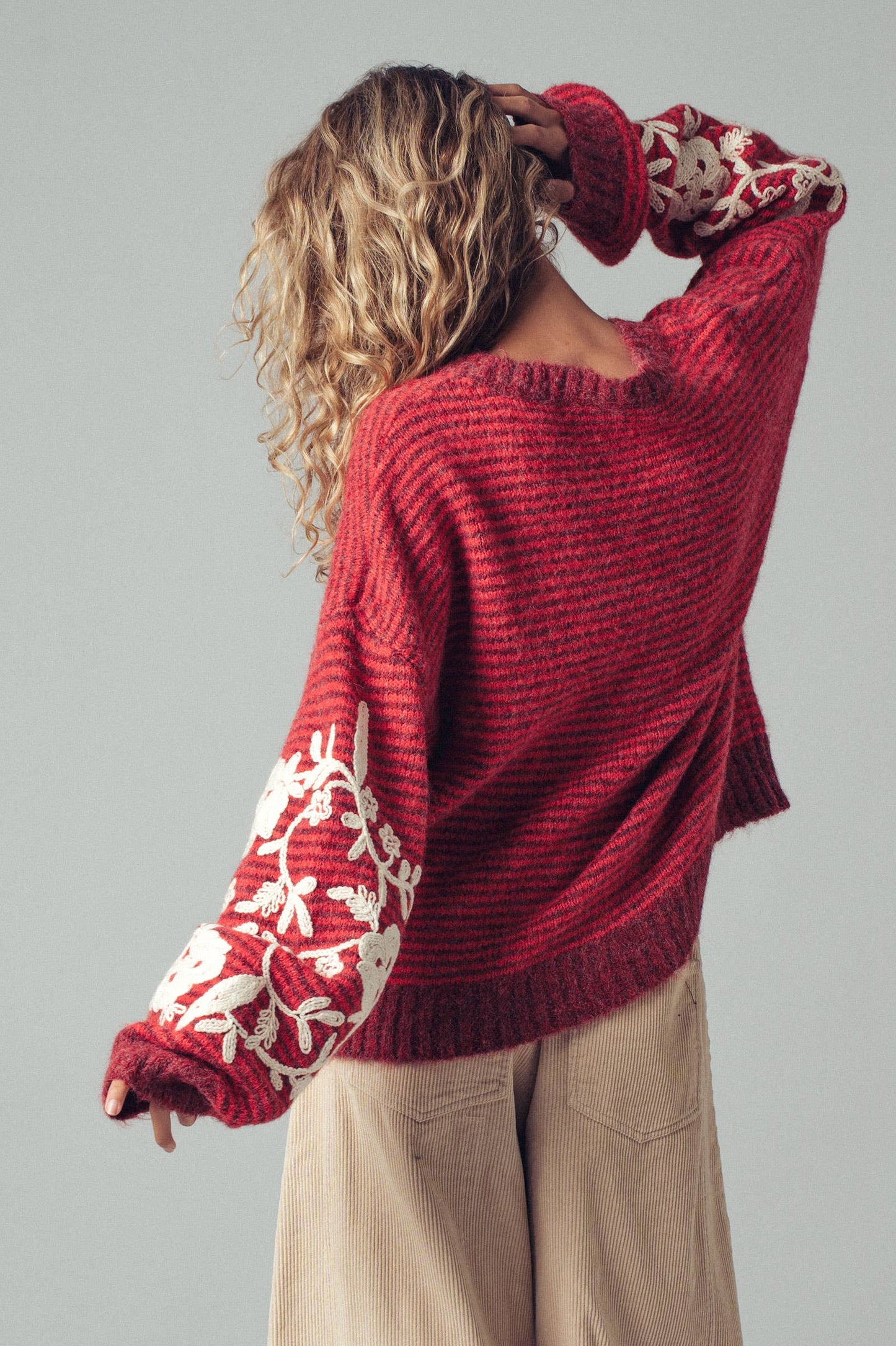 Floral Embroidered Striped Knit Sweater - Rusty Red