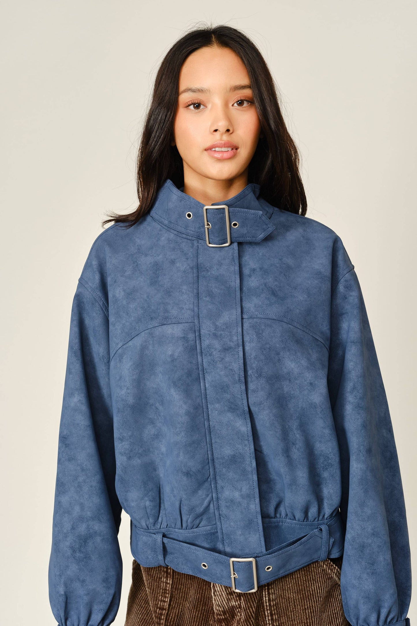 Vintage Vegan Leather Belted Bomber Jacket
