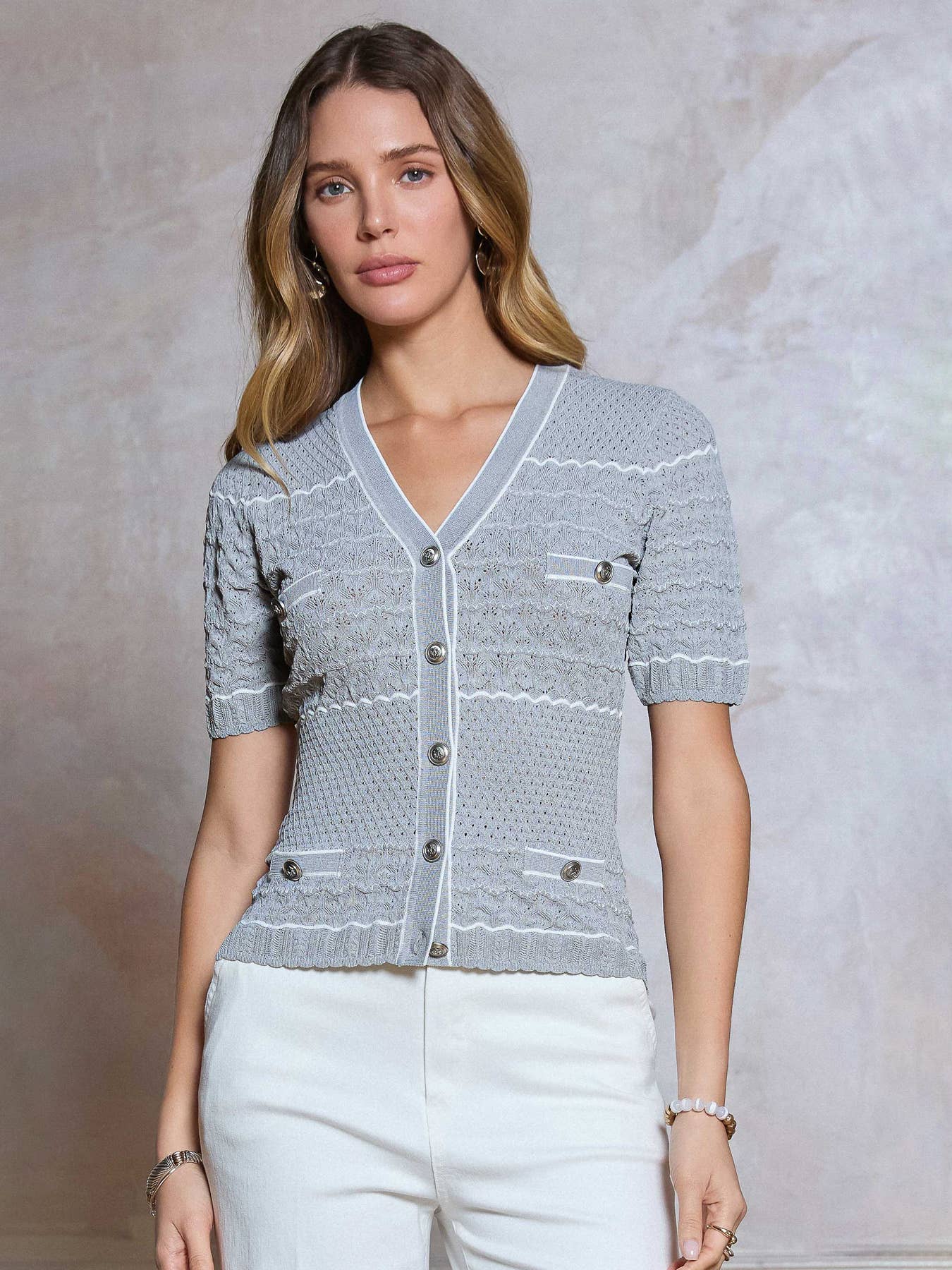 Striped Knit V-neck Short Sleeve Cardigan