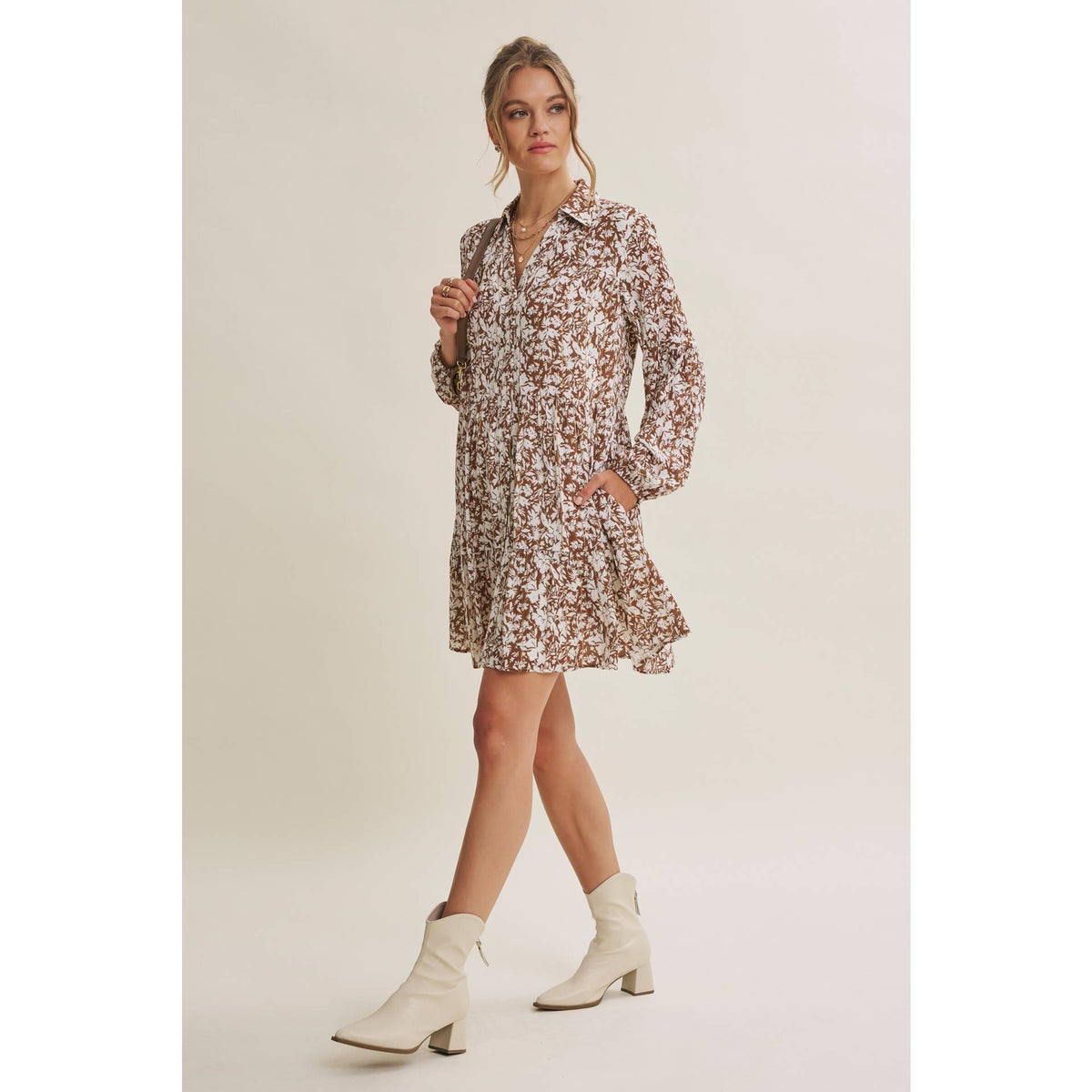 Soft Autumn Floral Button-Down Mini Shift Dress
