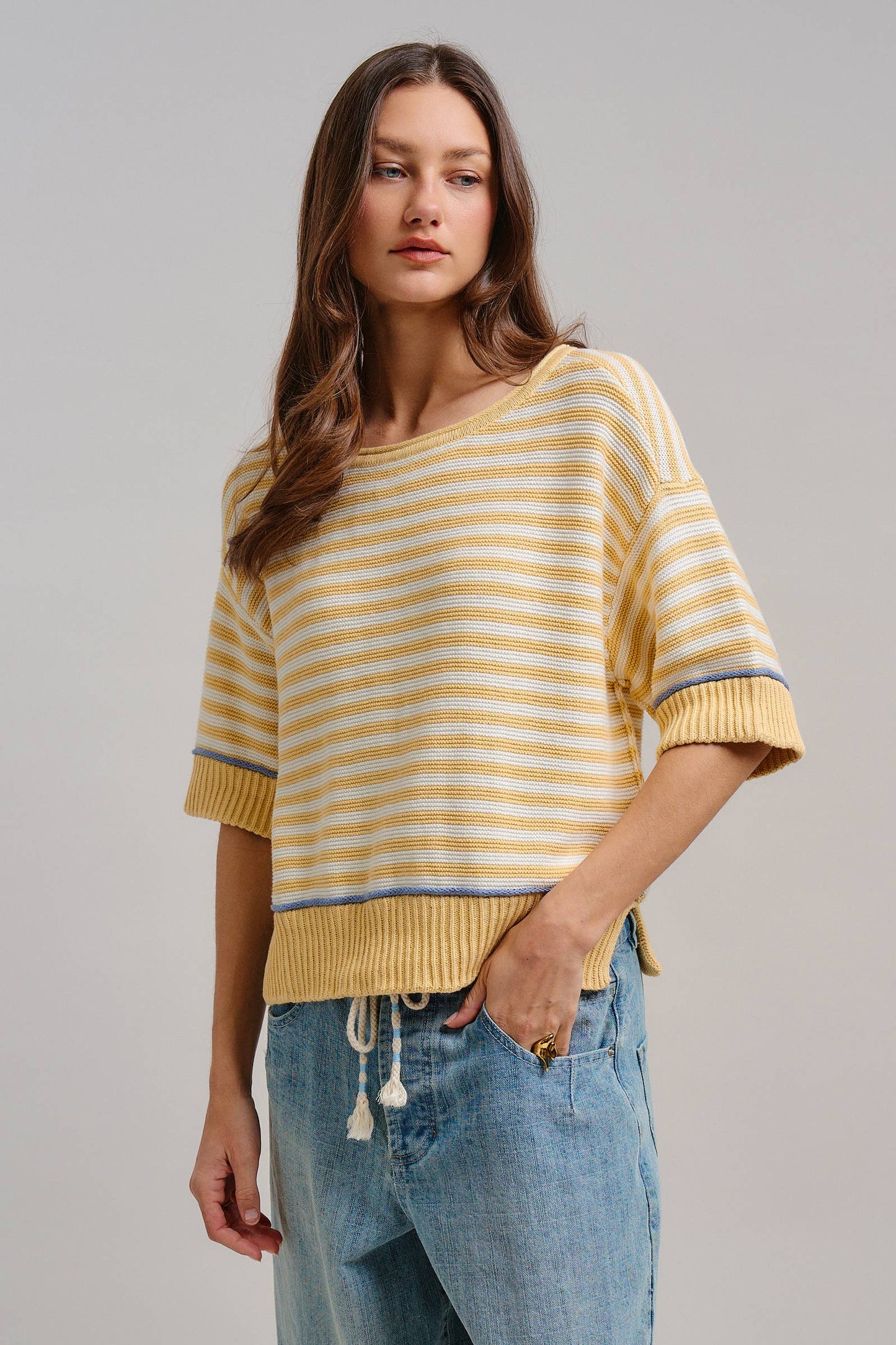 Premium Cotton Striped Contrast Trim Sweater Tee