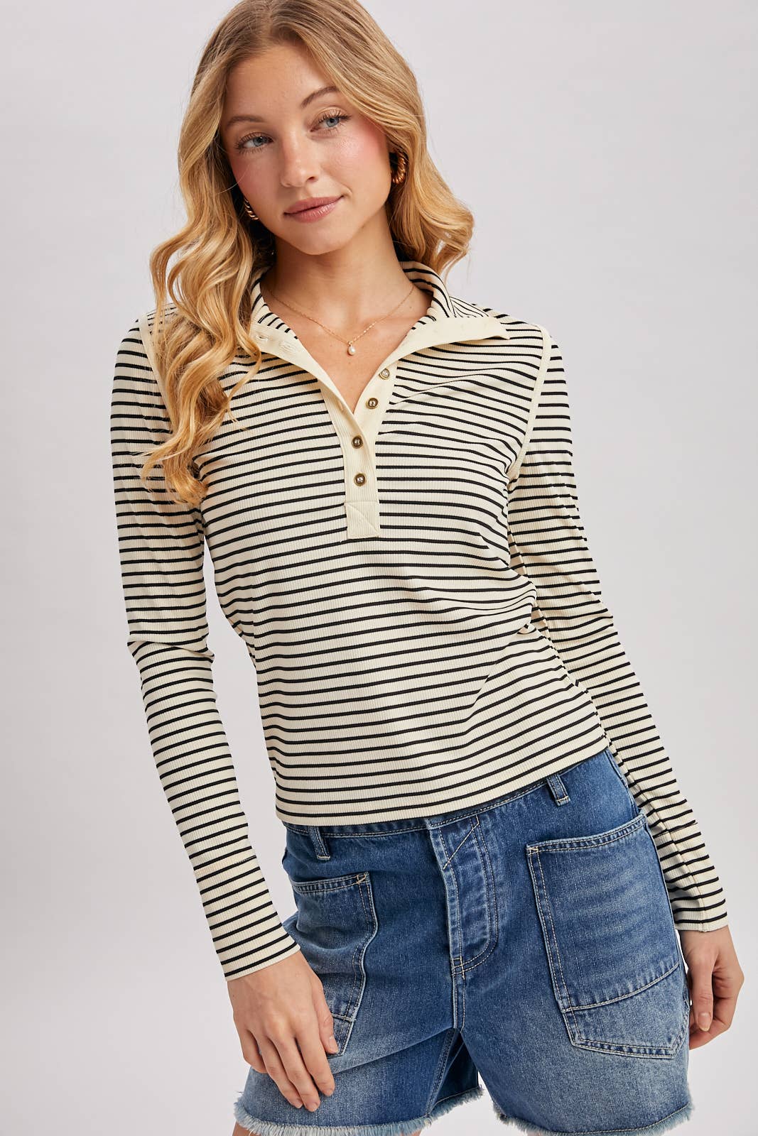 Striped Button-Down Henley Knit Top