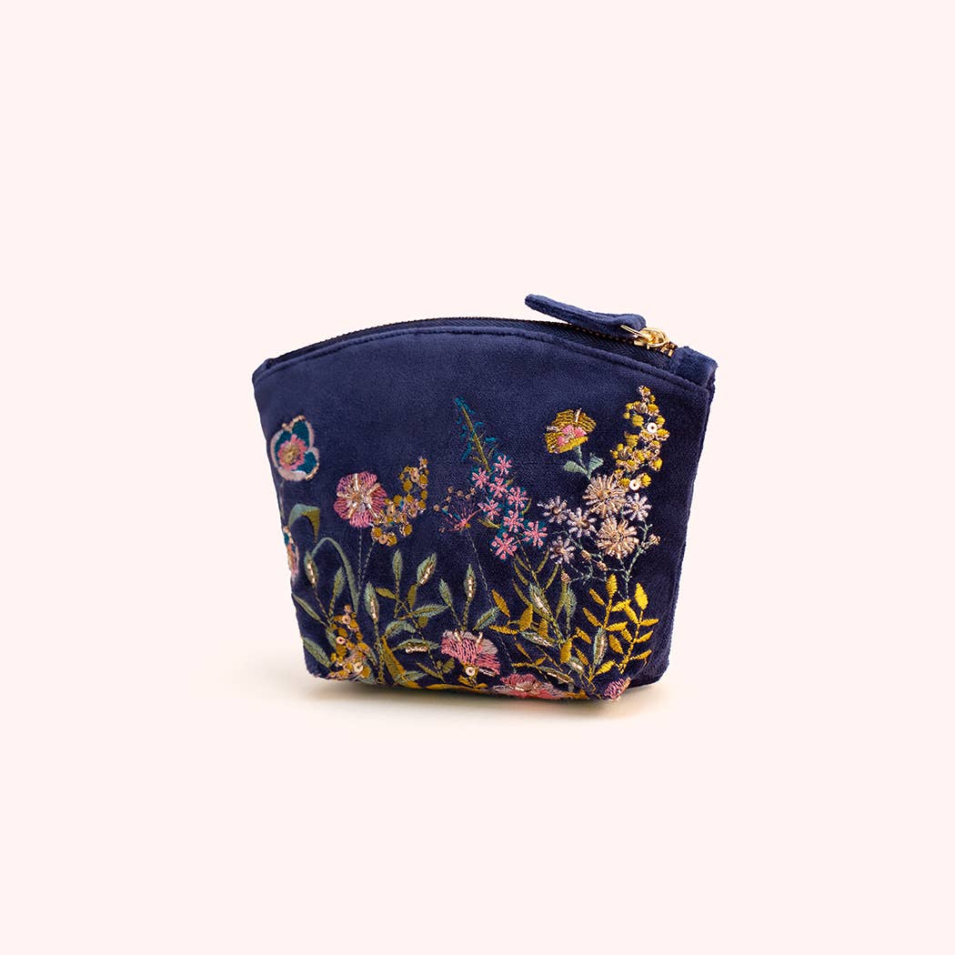 Navy Wildflower Mini Navy Velvet Pouch