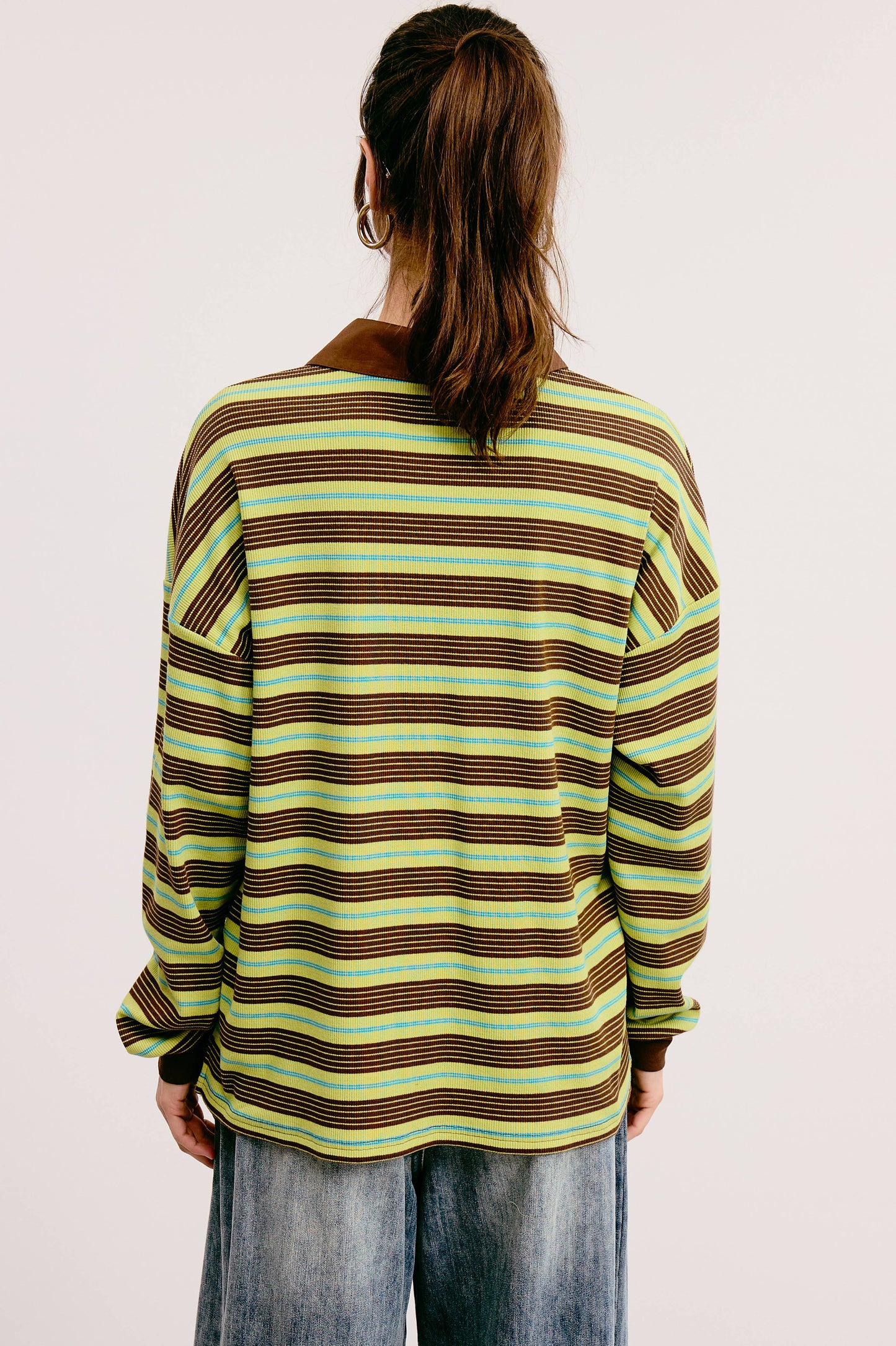 Multicolor Stripe Oversized Long Sleeve Polo Shirt