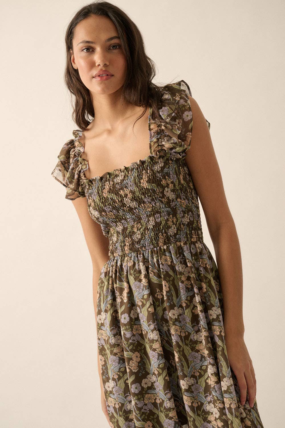 Floral Sheer Square-Neck Smocked-Bodice Maxi Dress