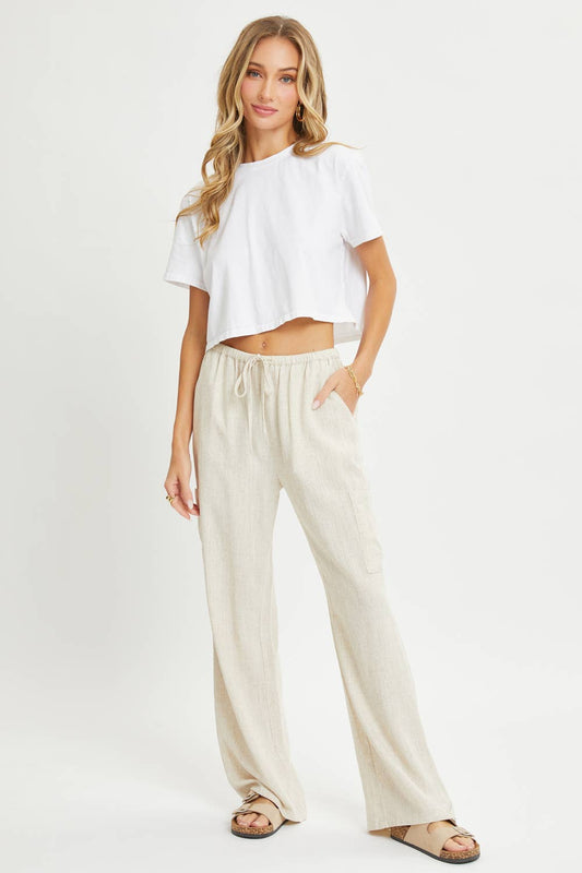 Linen Blend Pull On Drawstring Pants in Oatmeal
