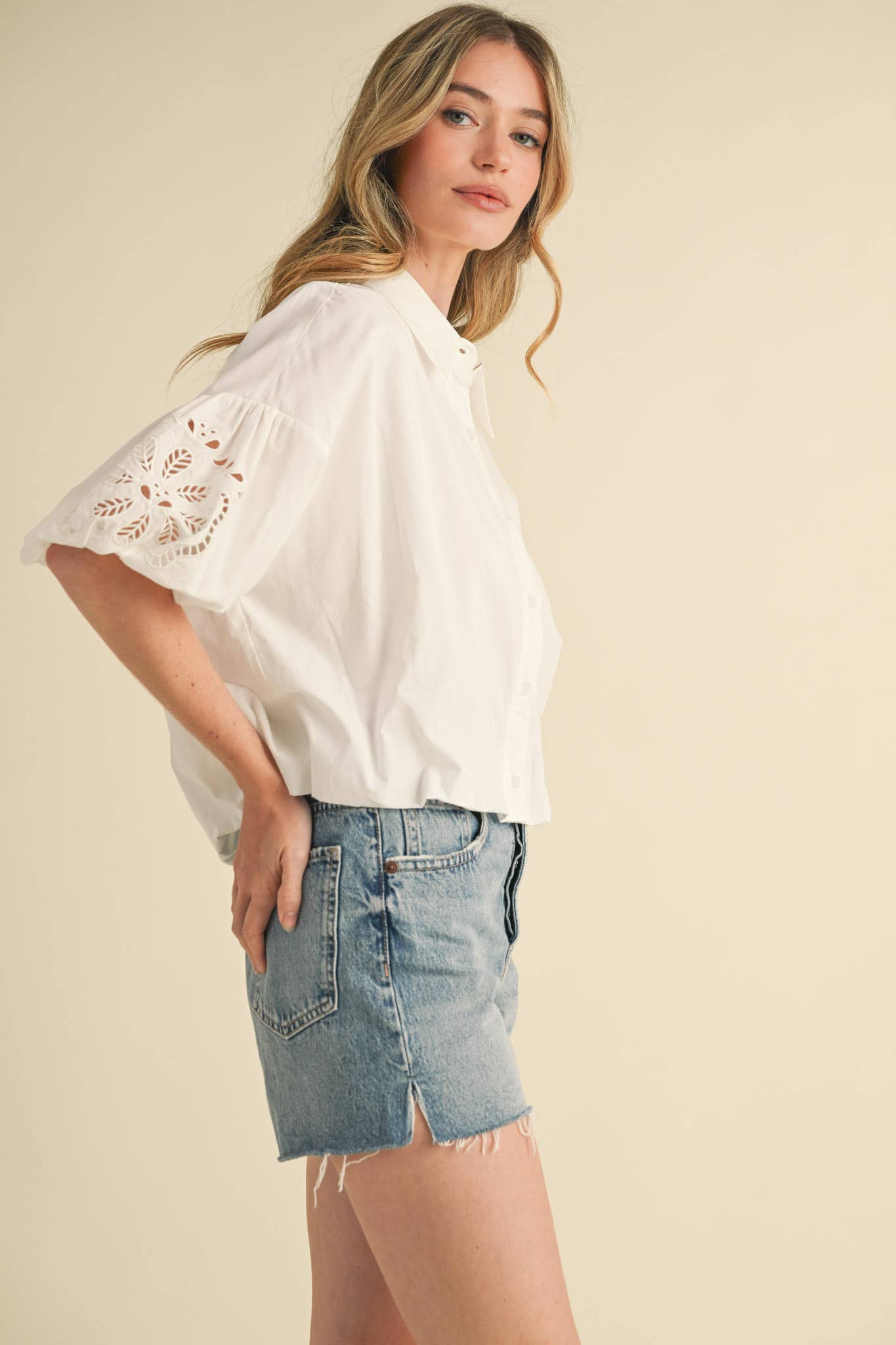 Eyelet Embroidered Bubble Sleeve Top