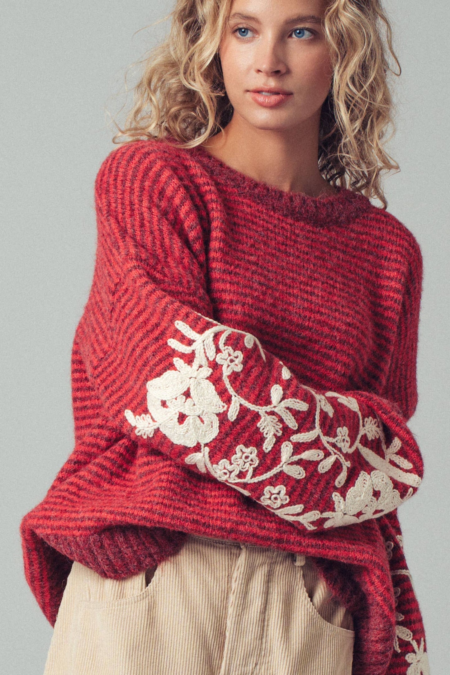 Floral Embroidered Striped Knit Sweater - Rusty Red