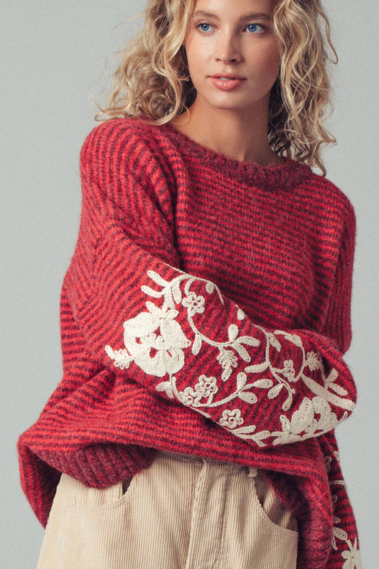 Floral Embroidered Striped Knit Sweater - Rusty Red