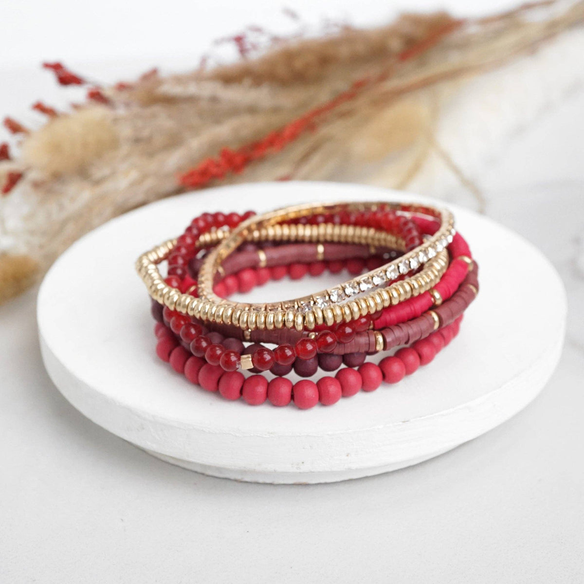 Cranberry Beaded Bracelets Stack