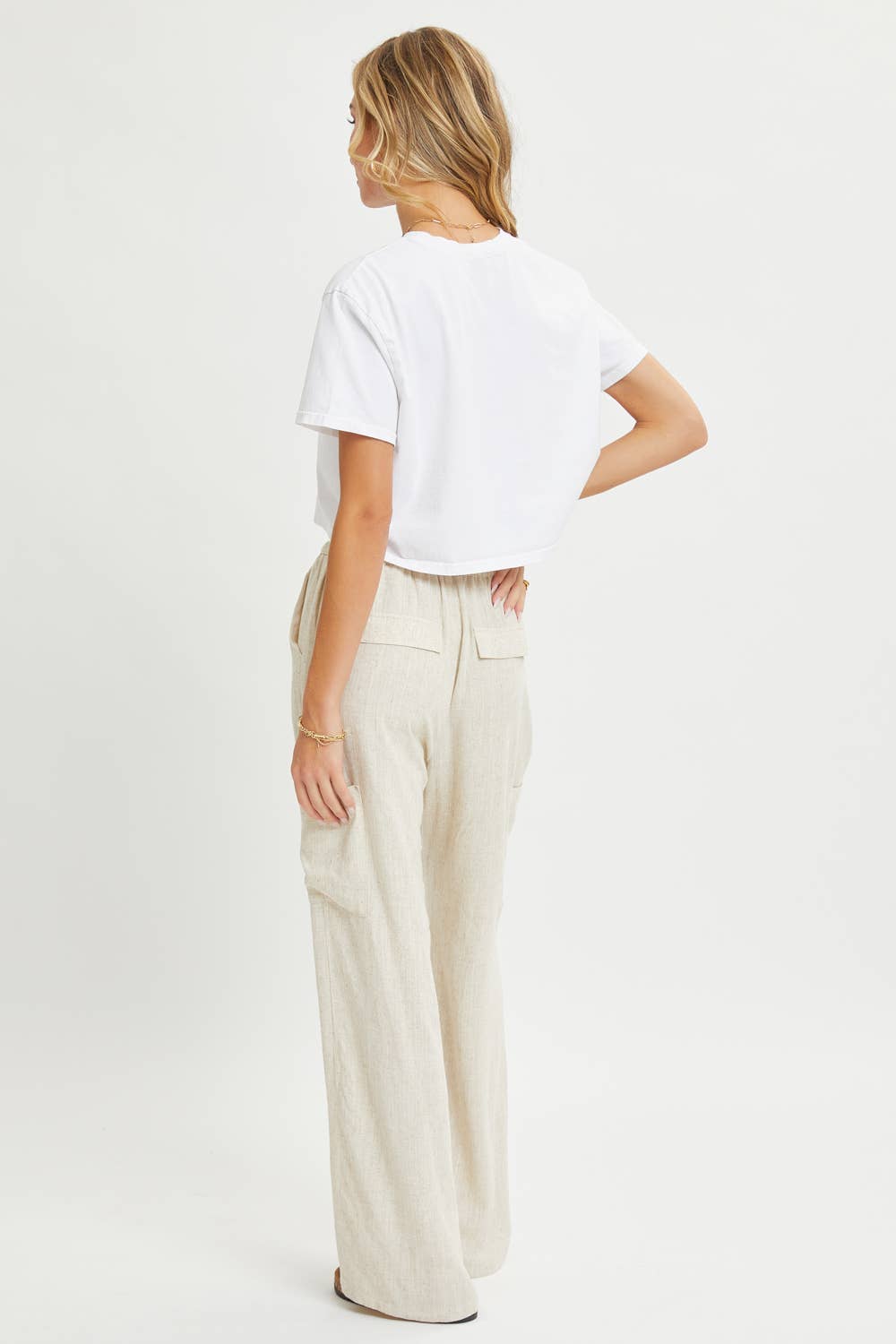 Linen Blend Pull On Drawstring Pants in Oatmeal